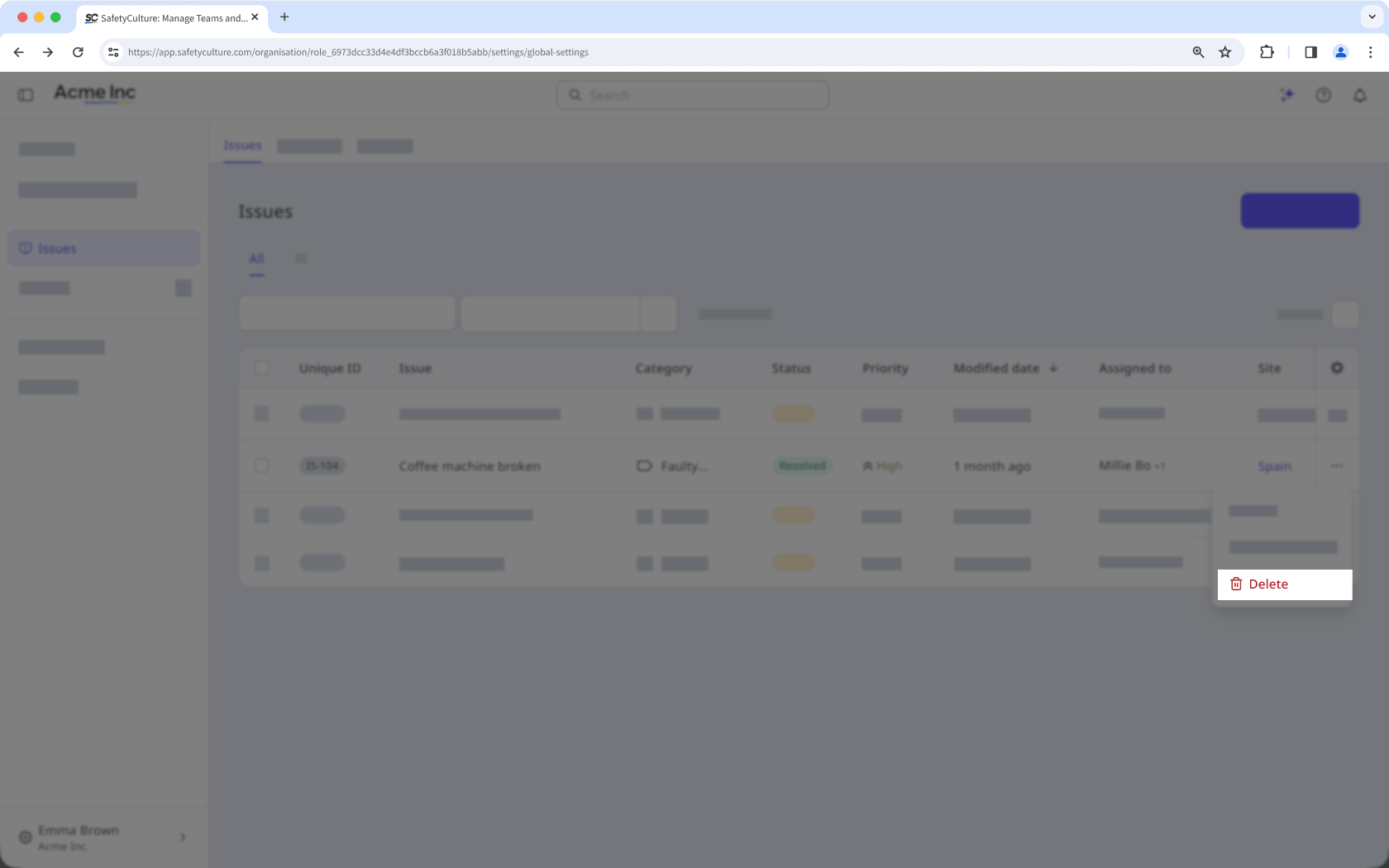 The Issues page showing the option to delete an issue.