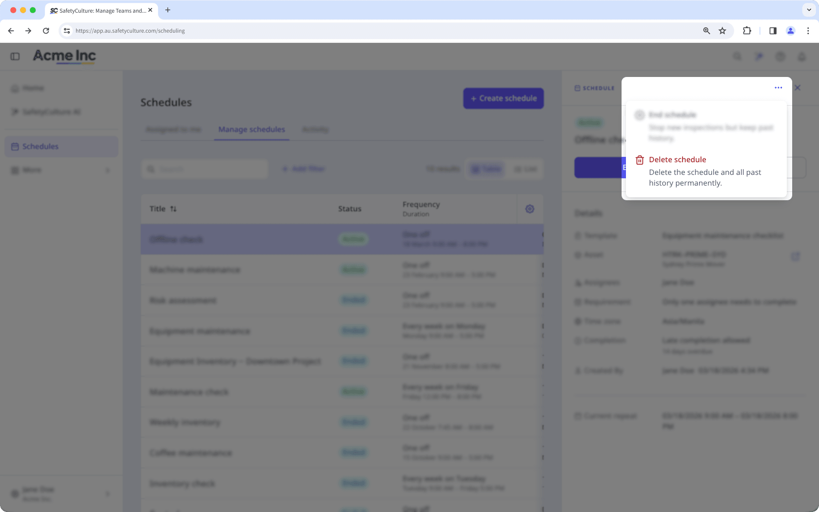 Delete a schedule in the new experience via the web app.