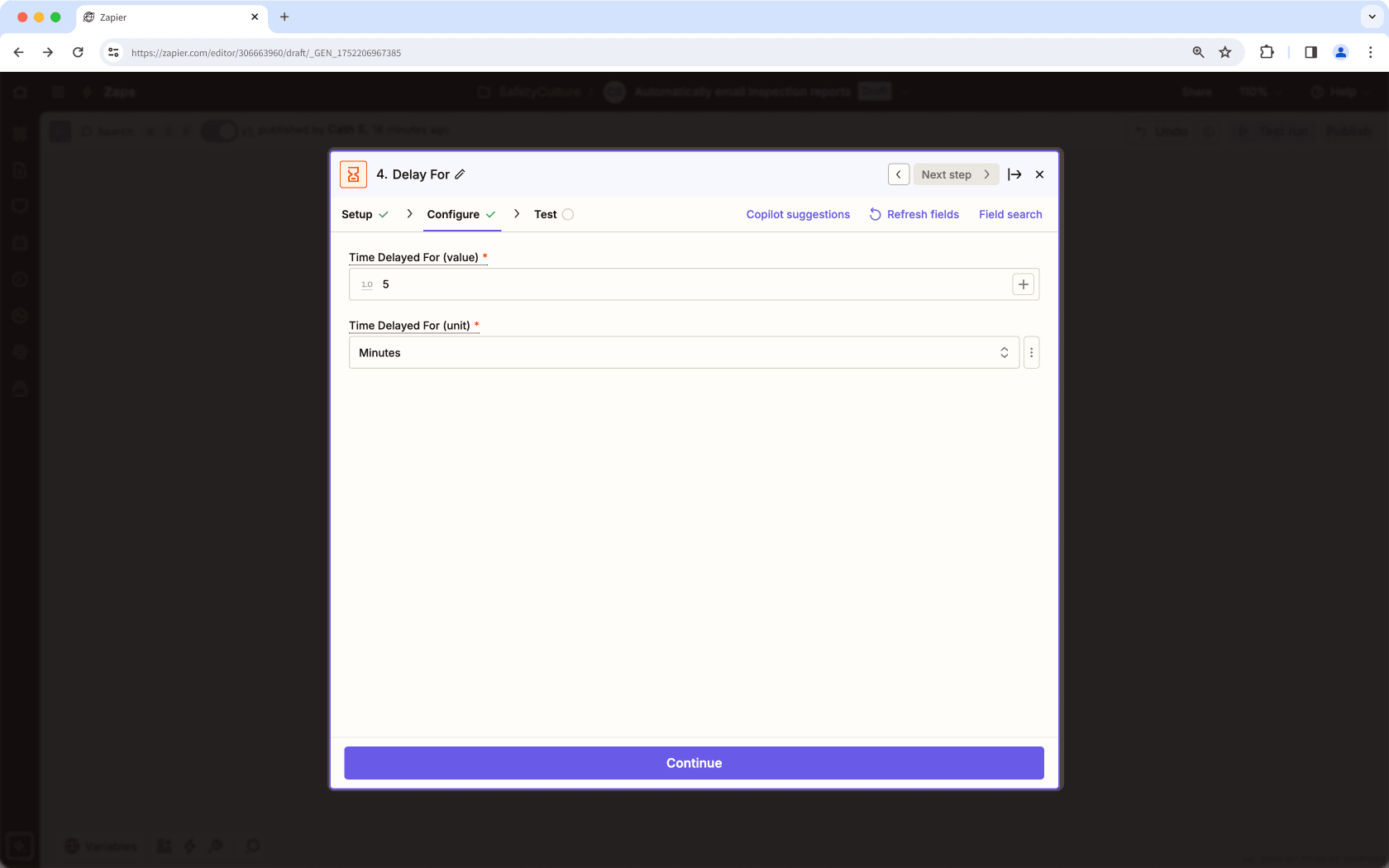 Ein Beispiel für die Konfiguration von Delay For in Zapier.
