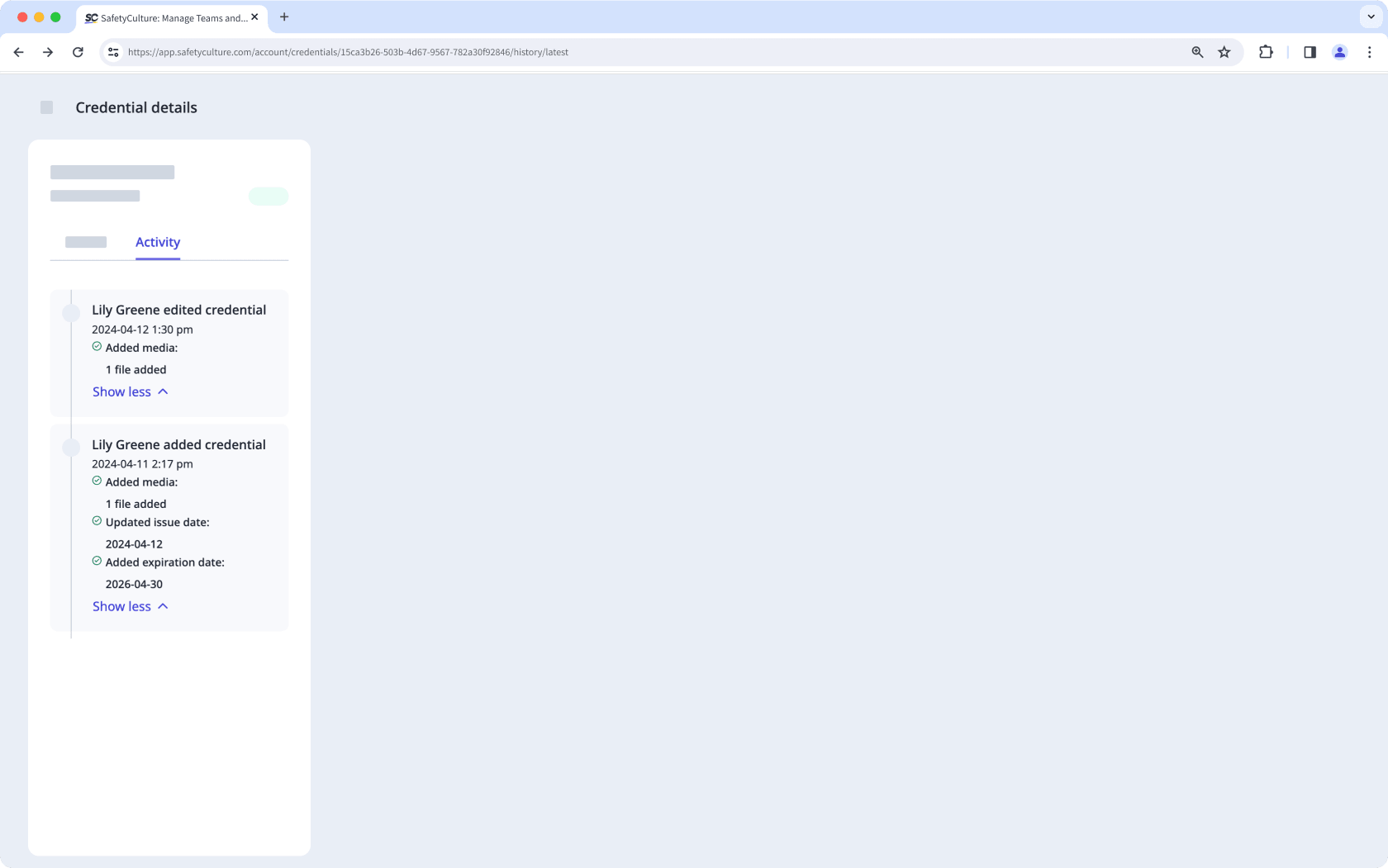 Un ejemplo de la actividad de una versión de credenciales en la aplicación web.