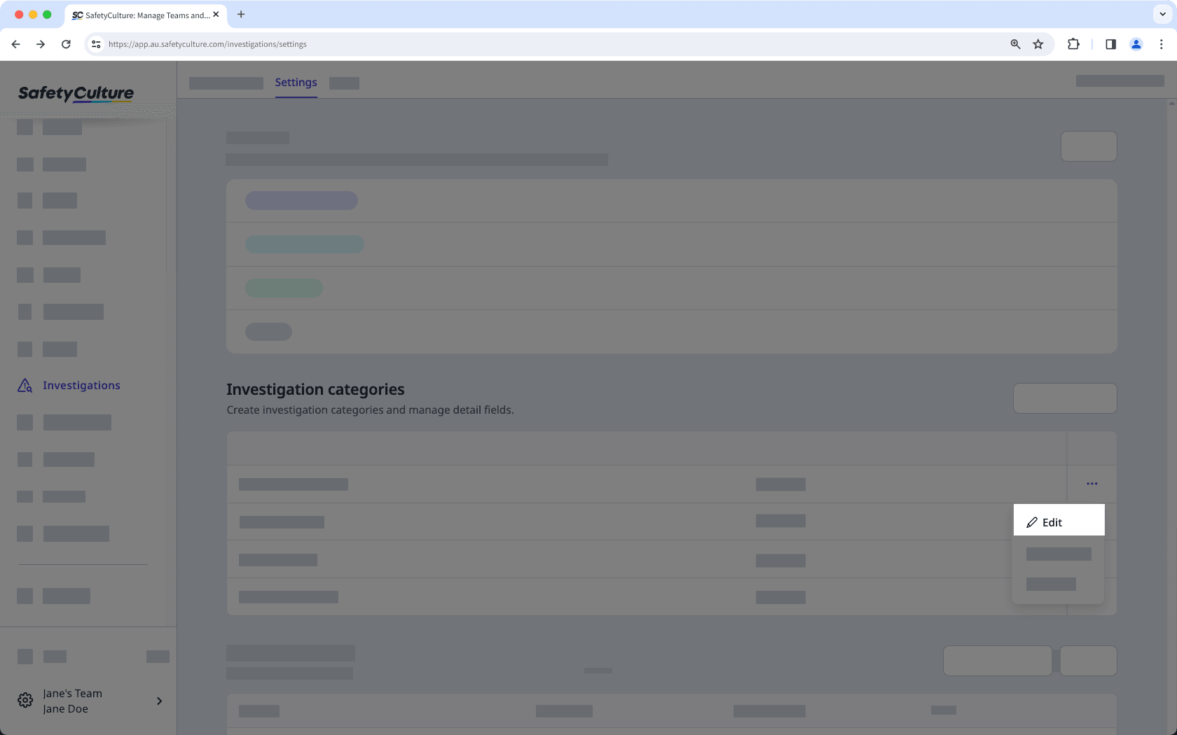 Edit an investigation category via the web app.