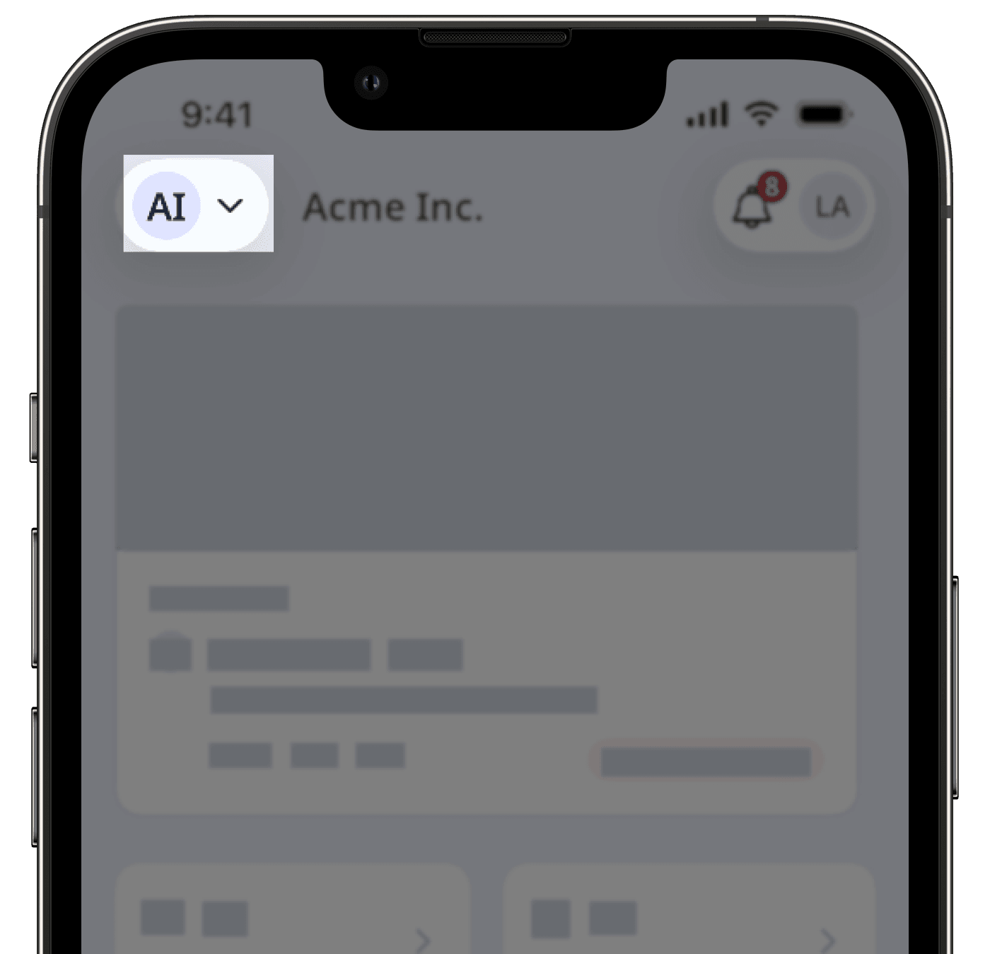 Switch from one organization to another via the mobile app by tapping the down arrow on the upper-left of the screen.