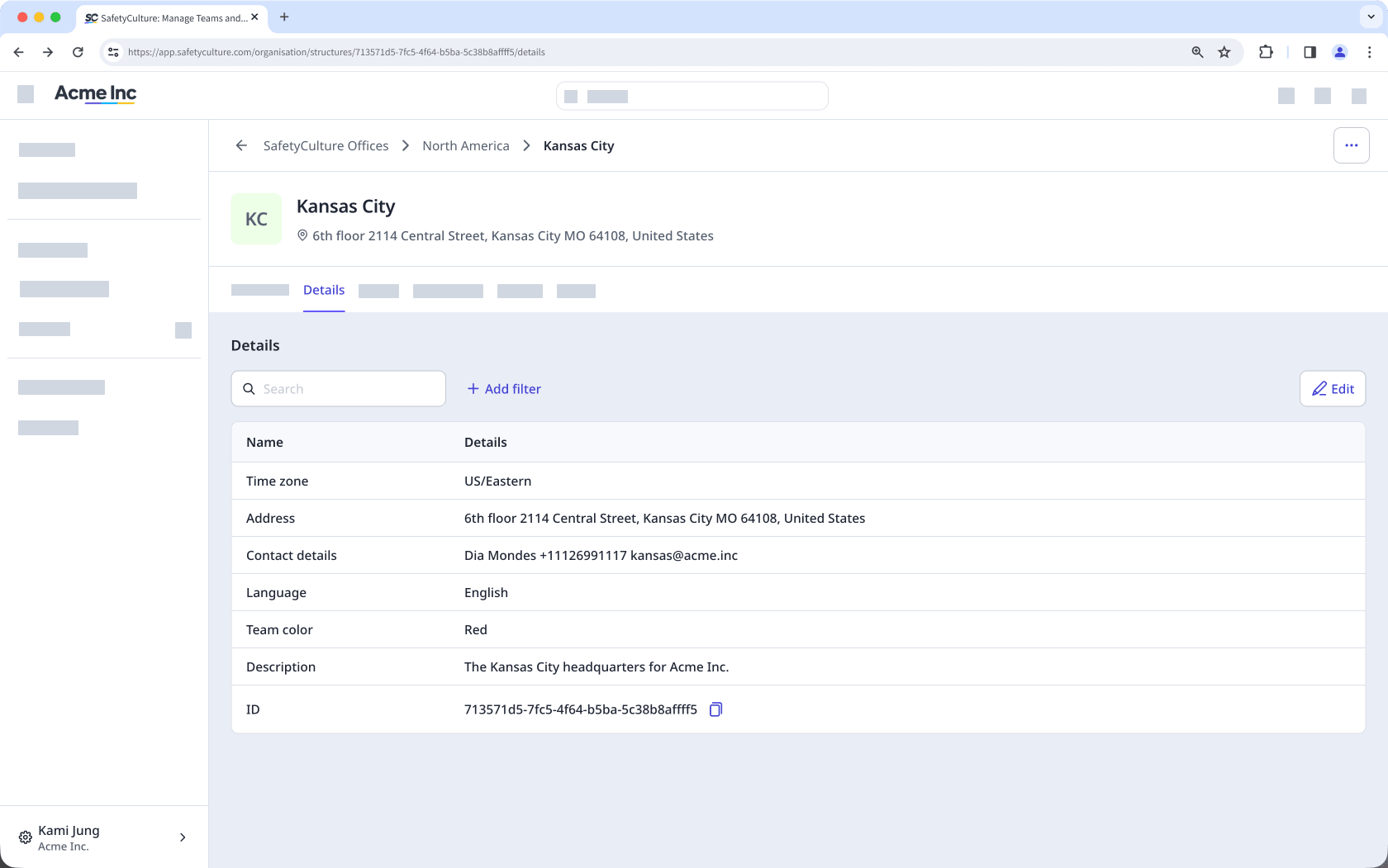 The Details tab of a site profile with organization fields.