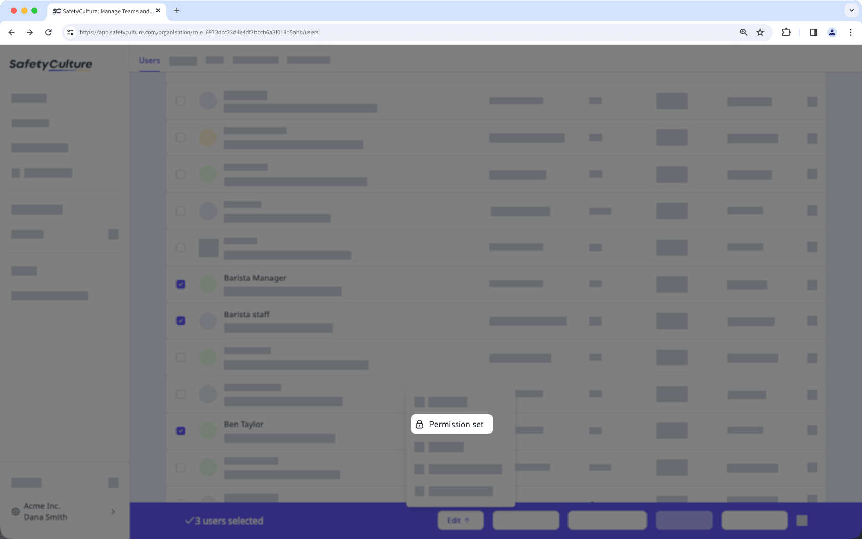 Bulk change users' permission sets via the web app.