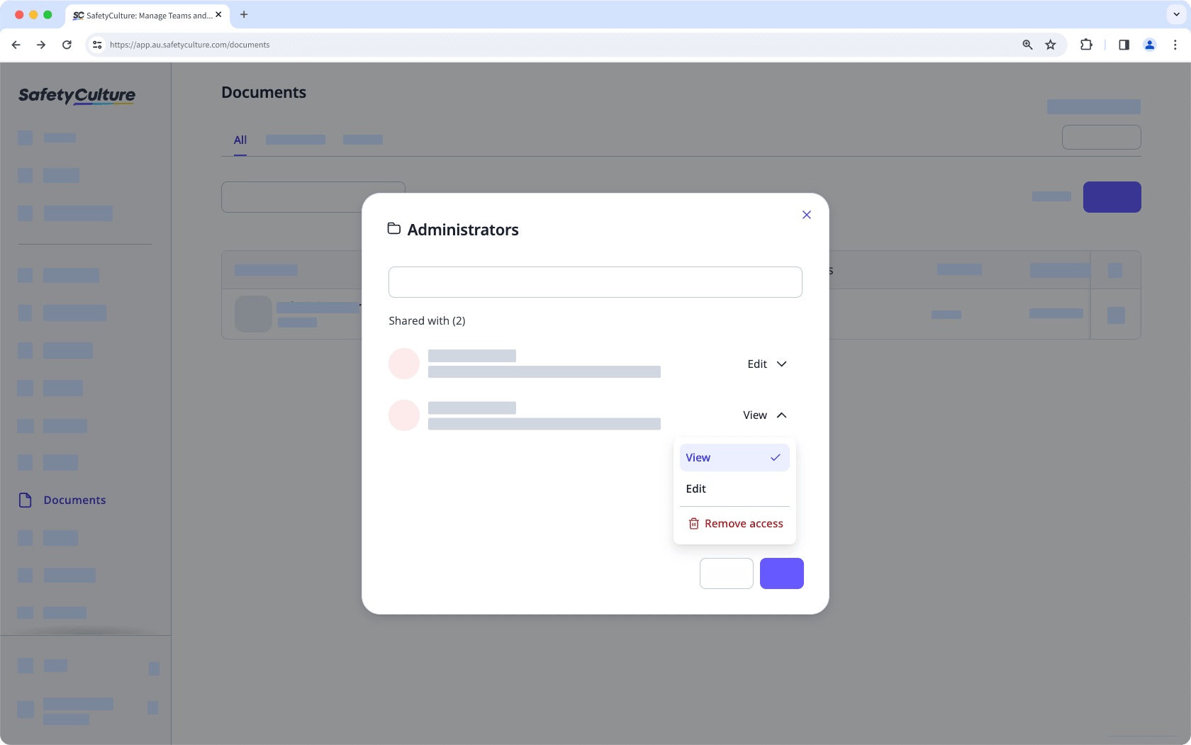 Manage access to Documents via the web app.