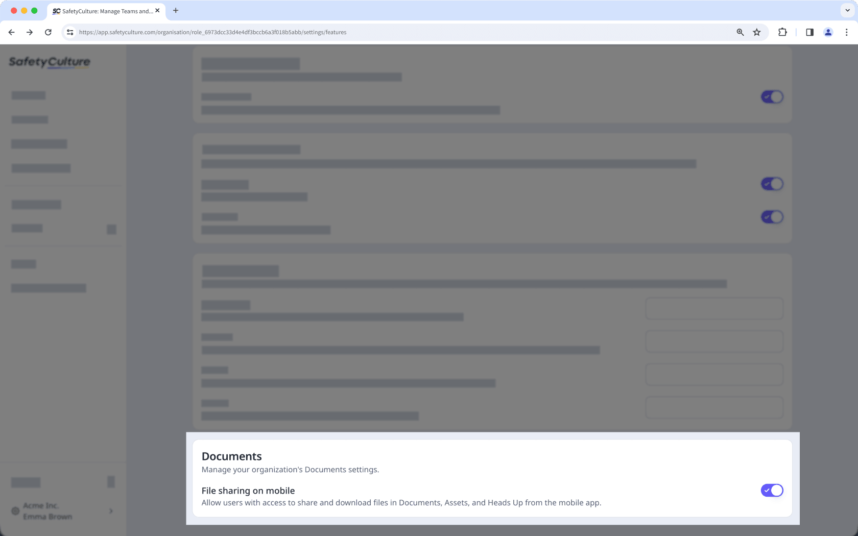 The 'File sharing on mobile' setting for Documents in the Features tab of the organization settings page.