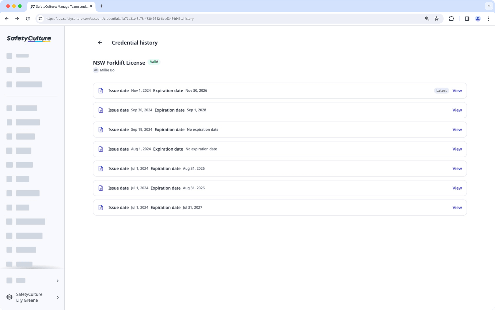 Exemple d'historique d'une référence sur l'application Web.