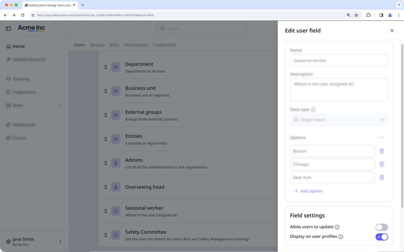 The "Display on user profile" setting is turned on for the user field.