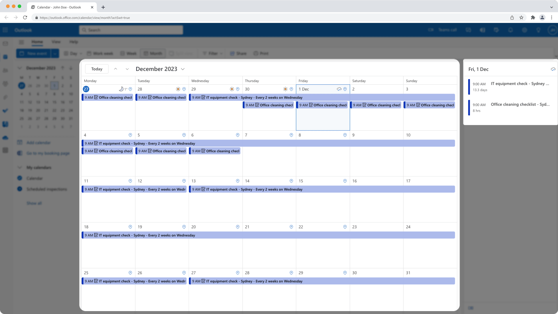 Ein Beispiel für die Integration des SafetyCulture Inspektionsplans in Microsoft Outlook.