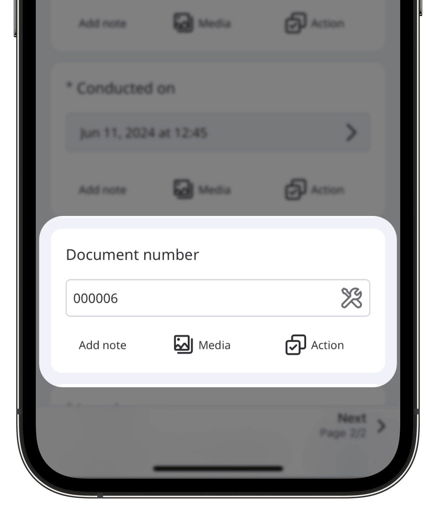 A title page in an inspection showing a document number on the mobile app