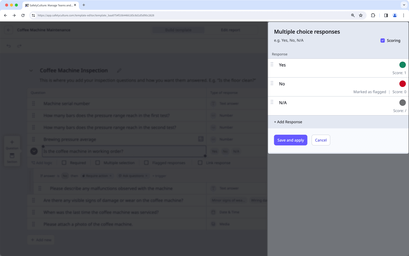 Update a custom response set in a template via the web app.