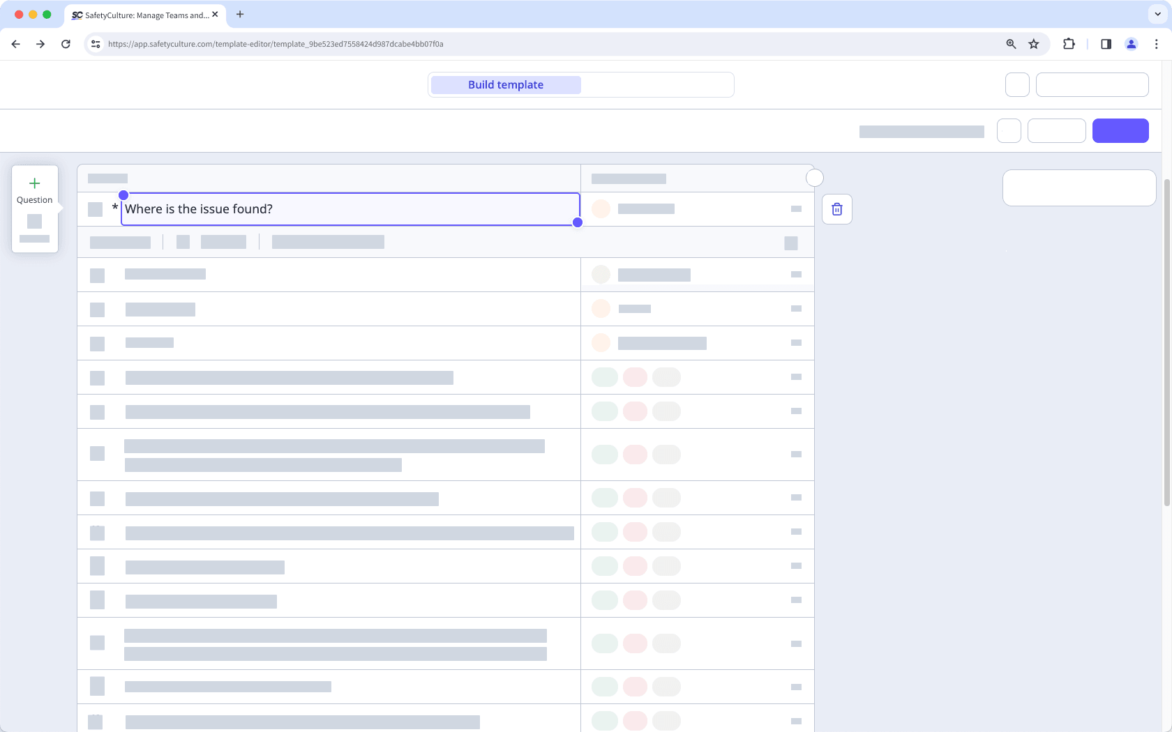 Add or delete a question in a template via the web app.