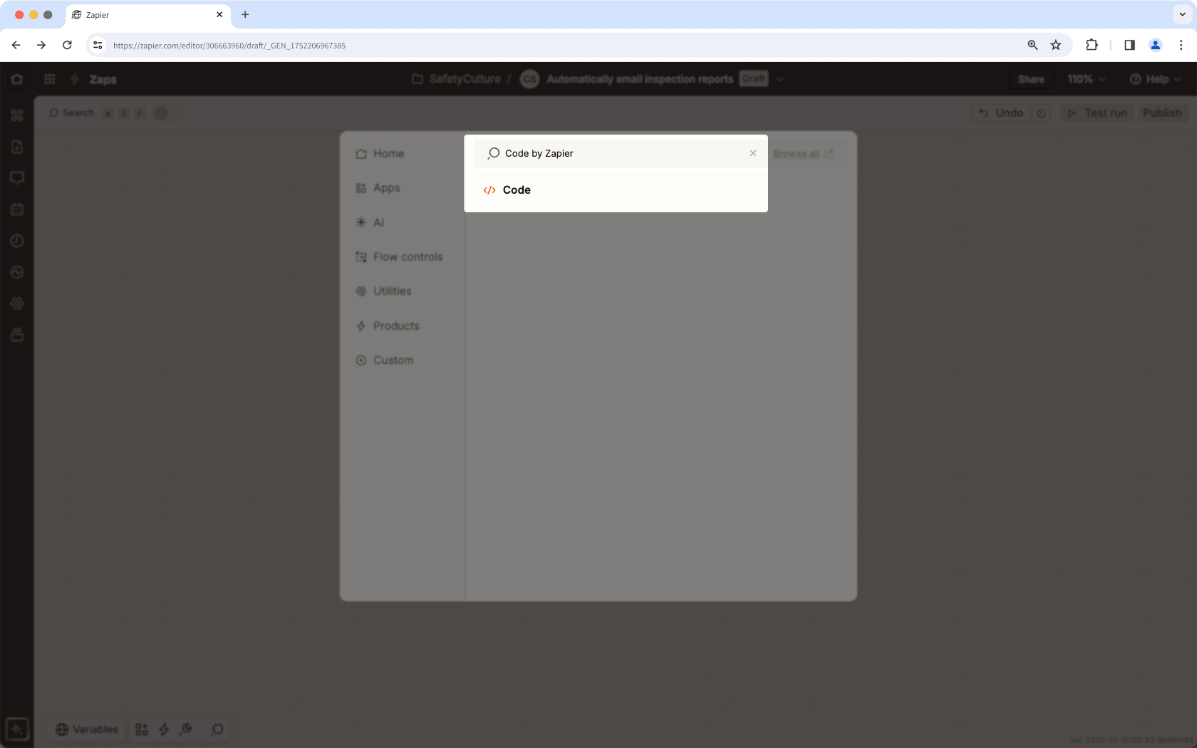 Select the "Code by Zapier" action in Zapier.