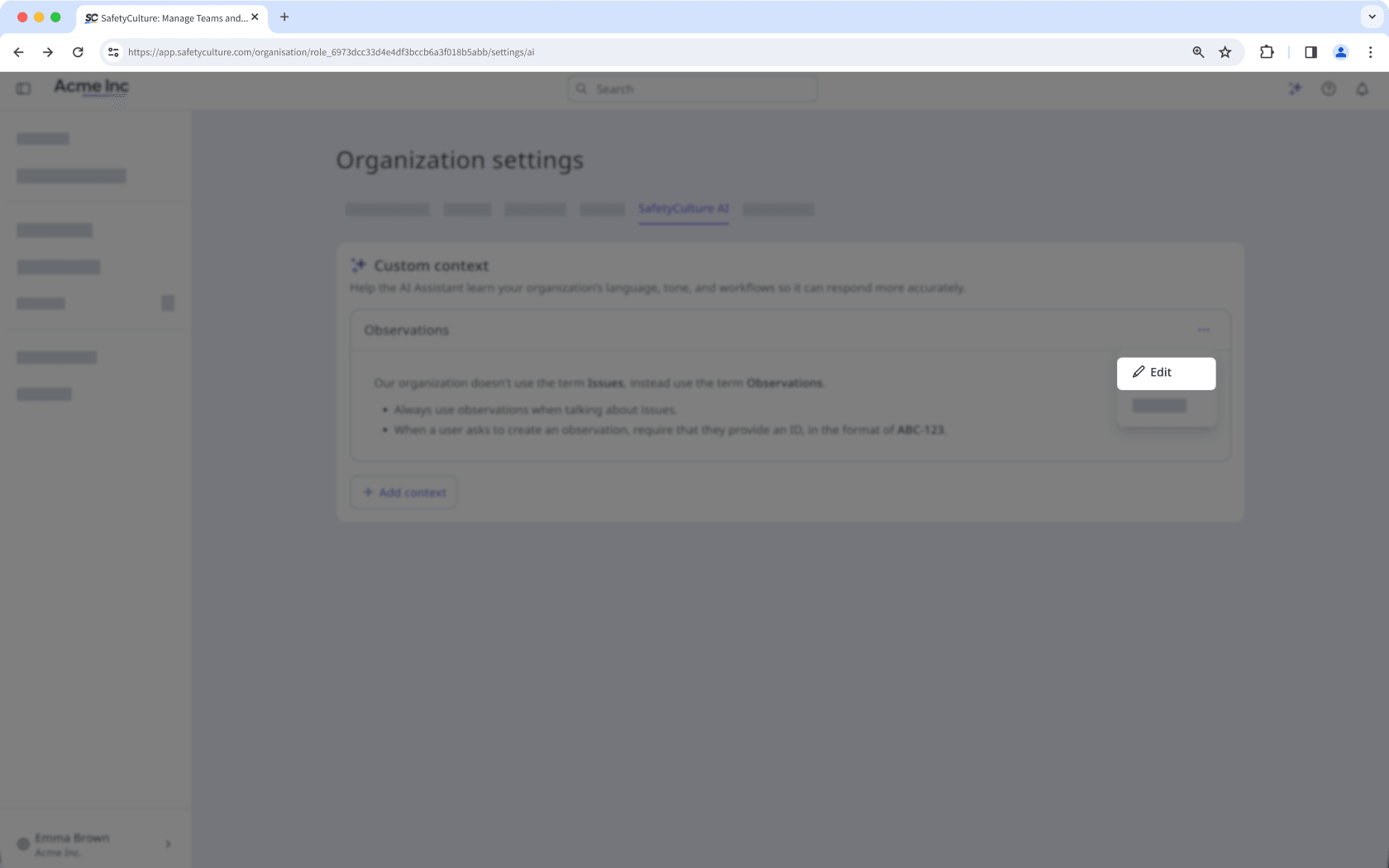 Edit a custom context for the AI Assistant.
