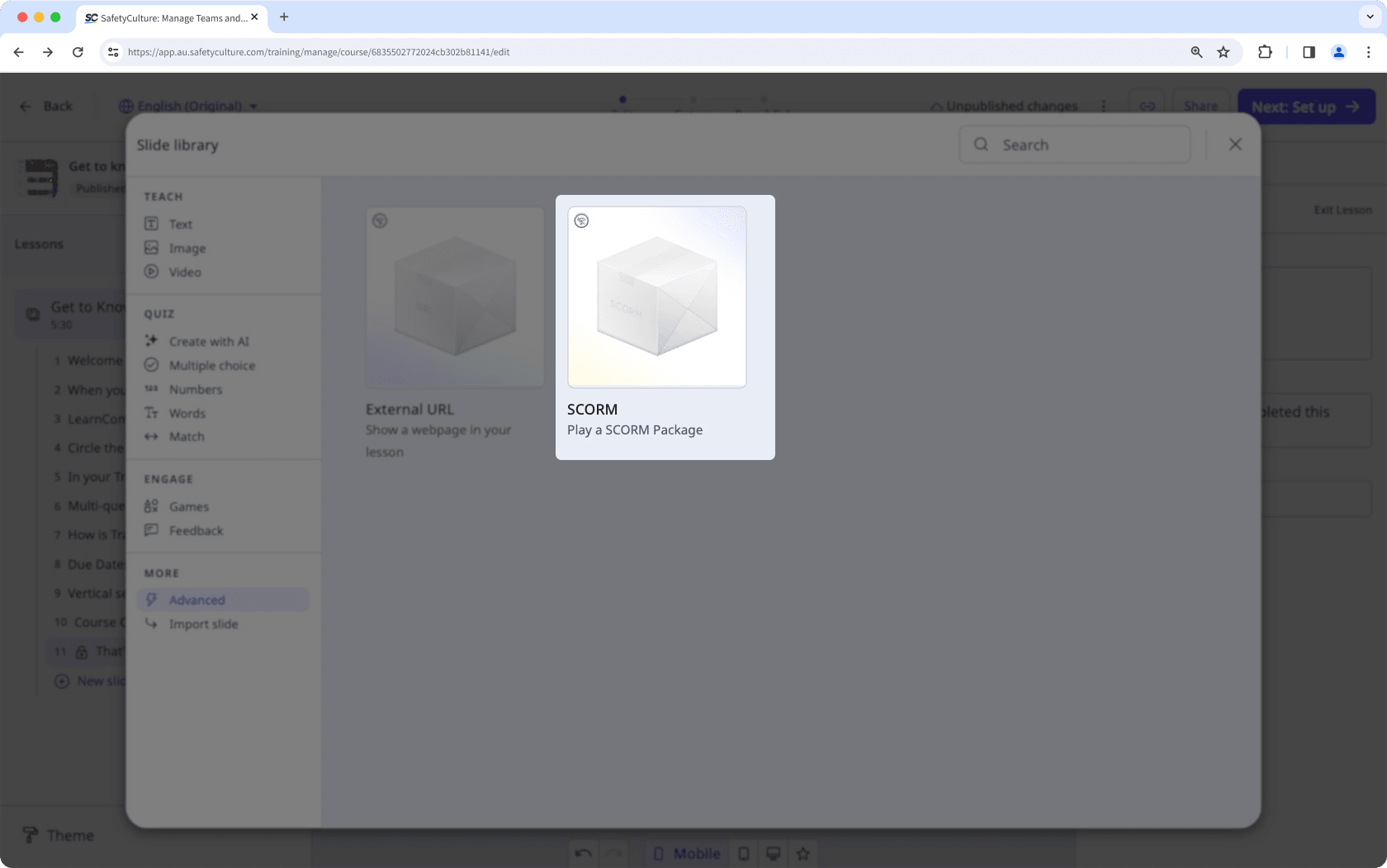 Import a SCORM package as a lesson slide via the web app.