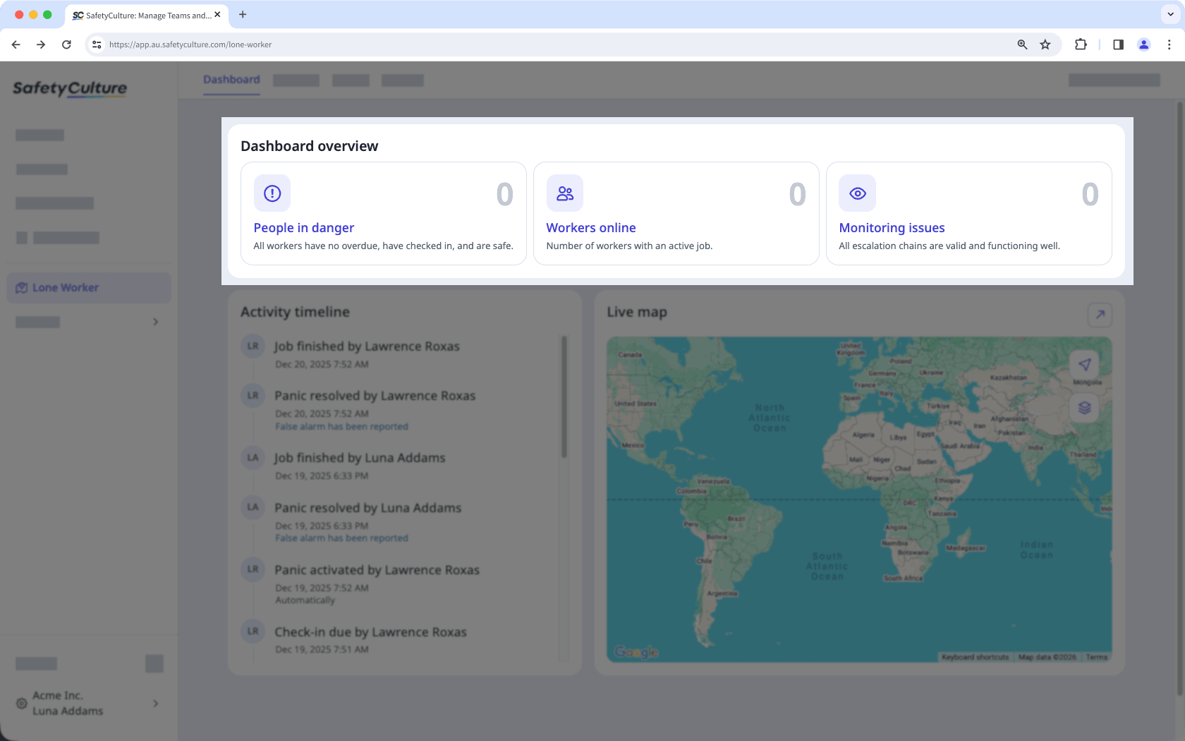 Verschaffen Sie sich einen Überblick über Personen in Gefahr, online arbeitende Mitarbeiter und Überwachungsprobleme über die Dashboard-Übersicht im Dashboard für allein arbeitende Personen.