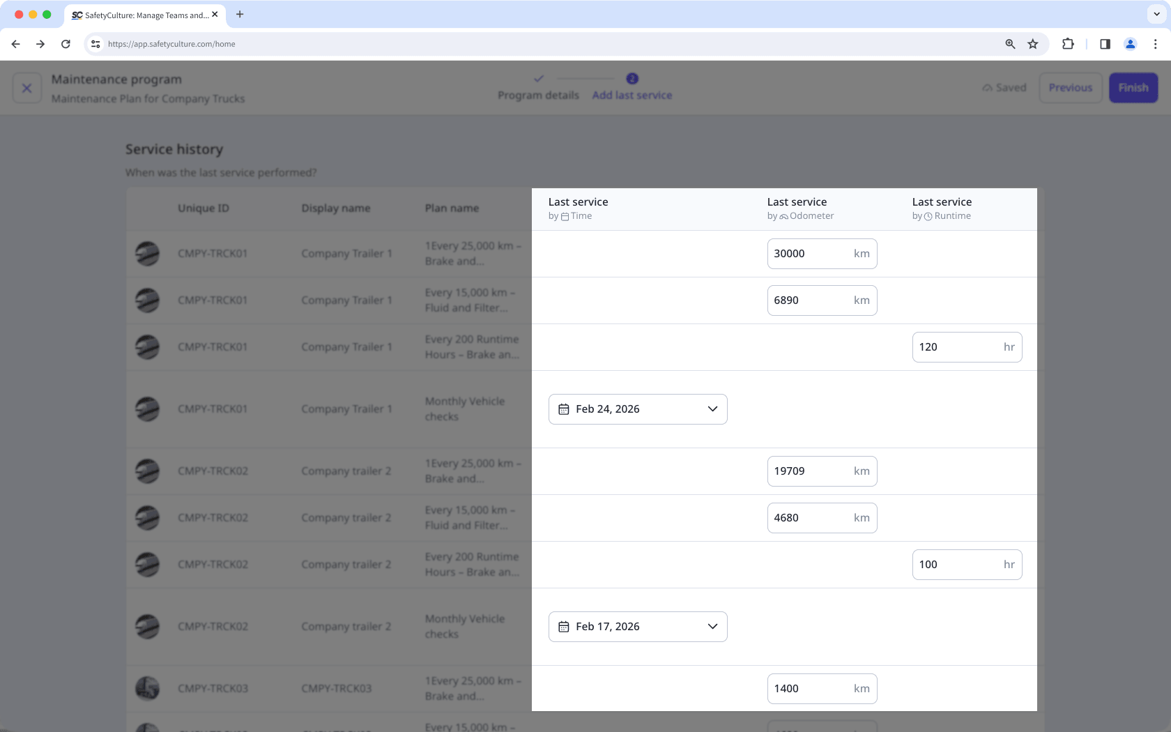 Add last service dates and last service of the assets before finalizing the program details.