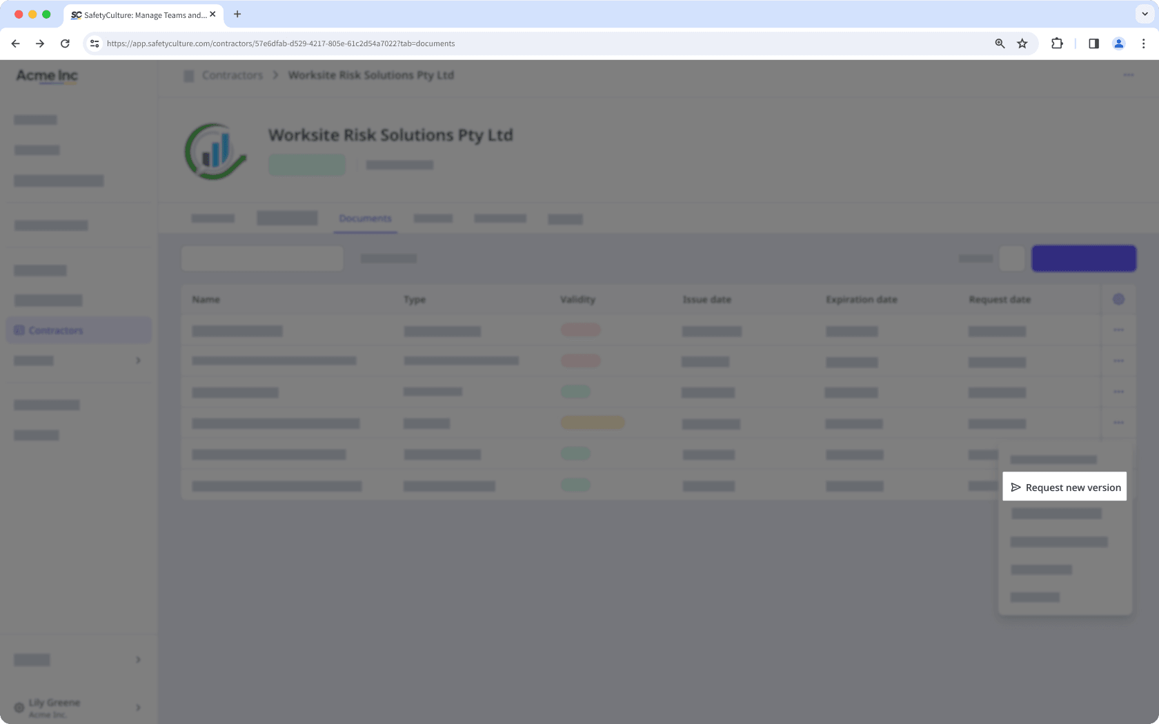 The Documents tab in the company profile with the "Request new version" button visible.