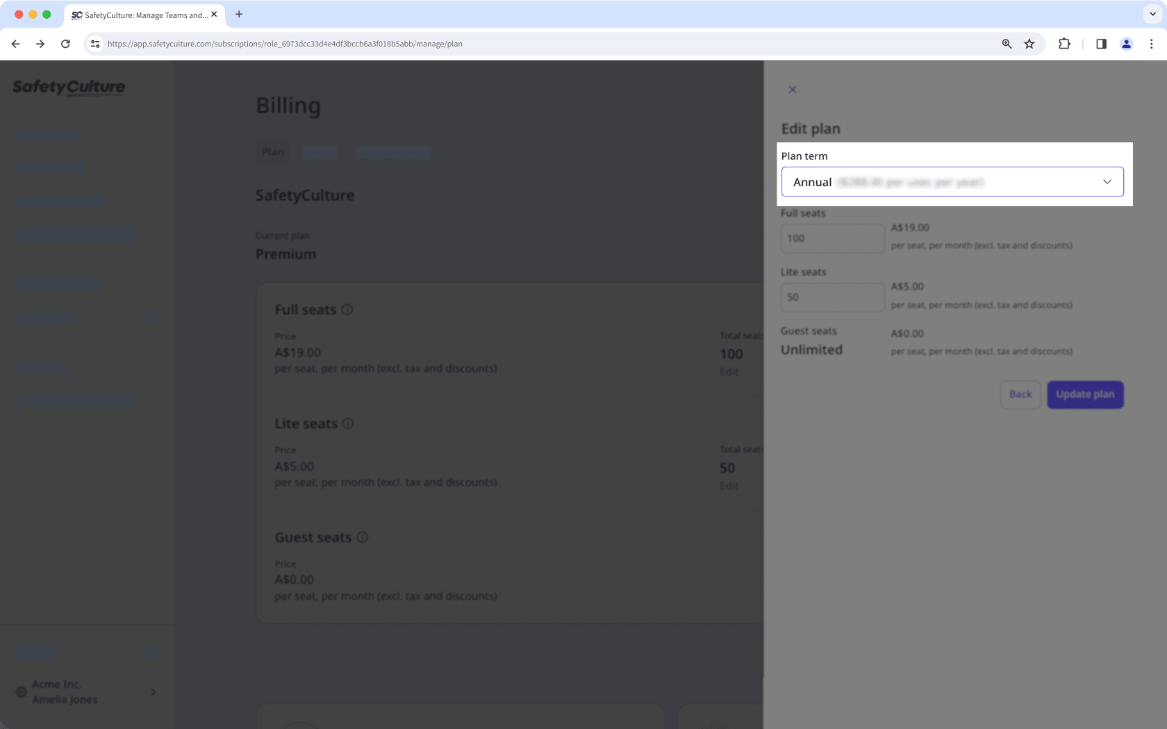Das Dropdown-Menü „Planbegriff“ ist in der Seitenleiste „Plan bearbeiten“ sichtbar.