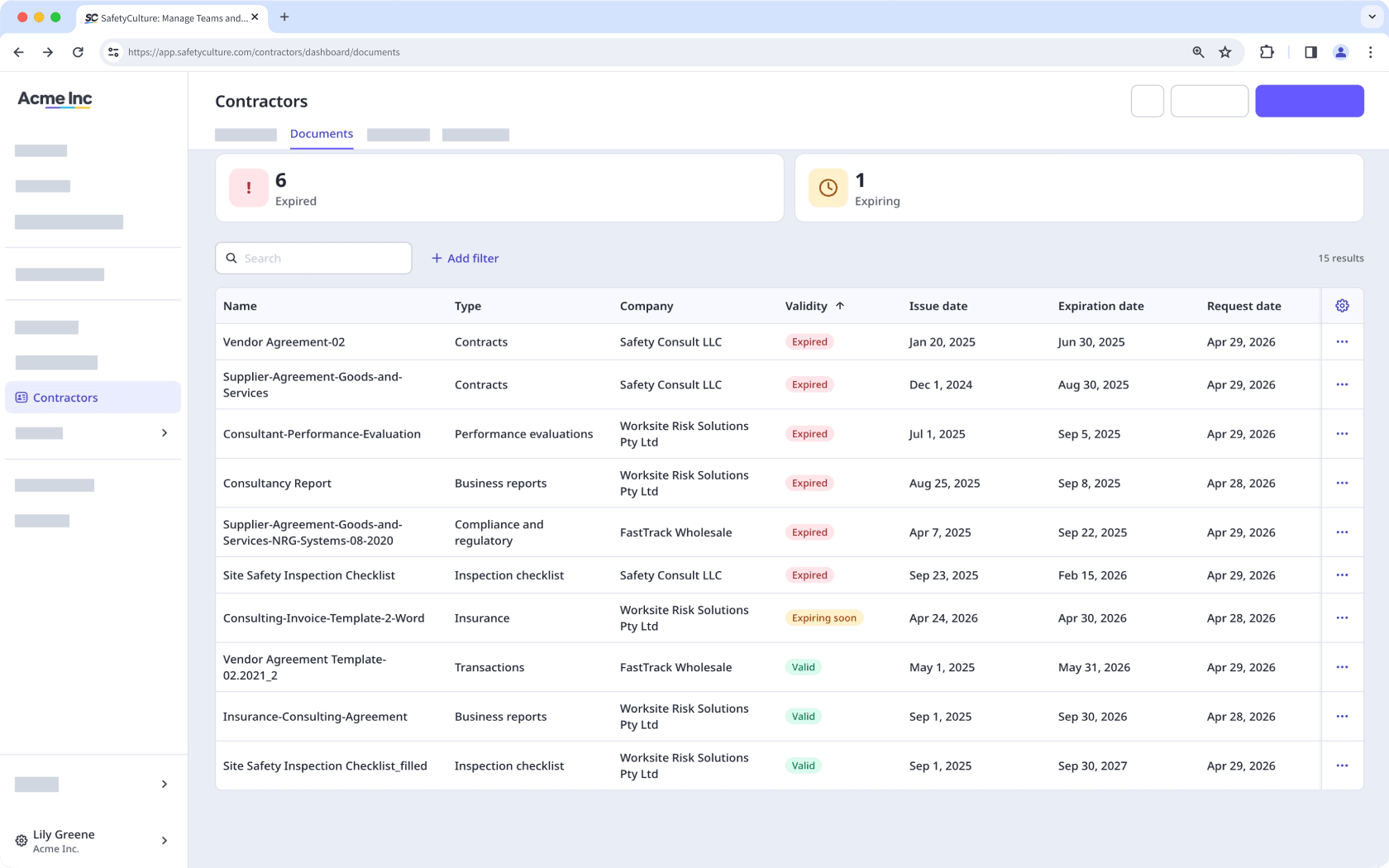 The Contractors dashboard showing the Documents tab and lists all company documents.