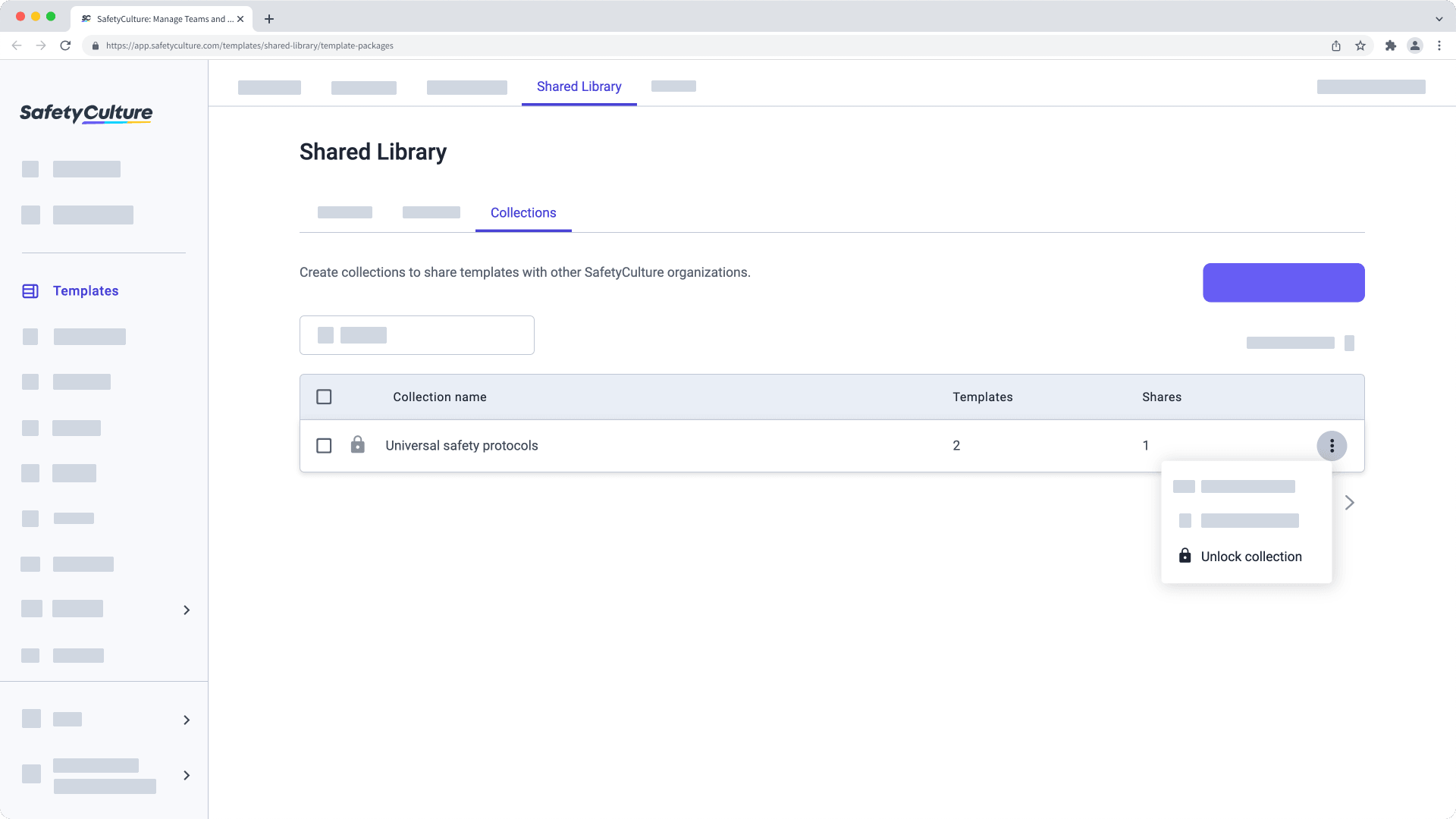Desbloquear una colección de plantillas de la Biblioteca compartida a través de la aplicación web.
