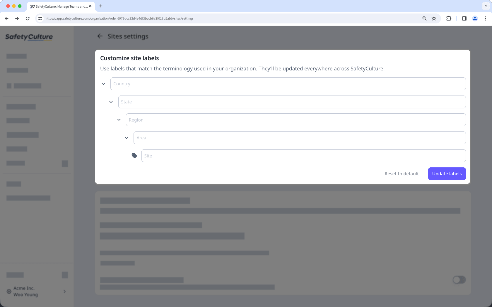 Customize your organization's site labels via the web app.