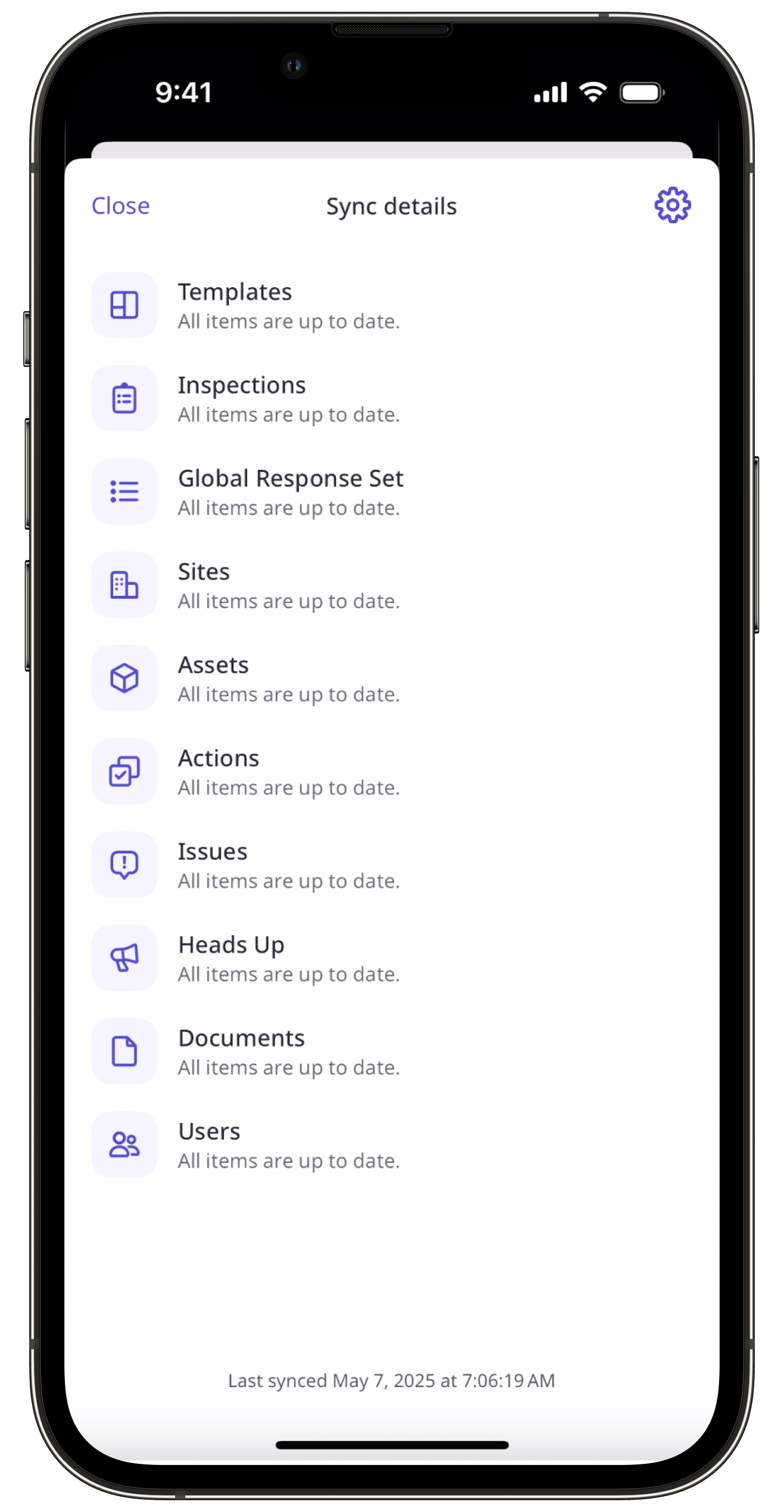 La liste détaillée du statut de la synchronisation sur l'application portable.