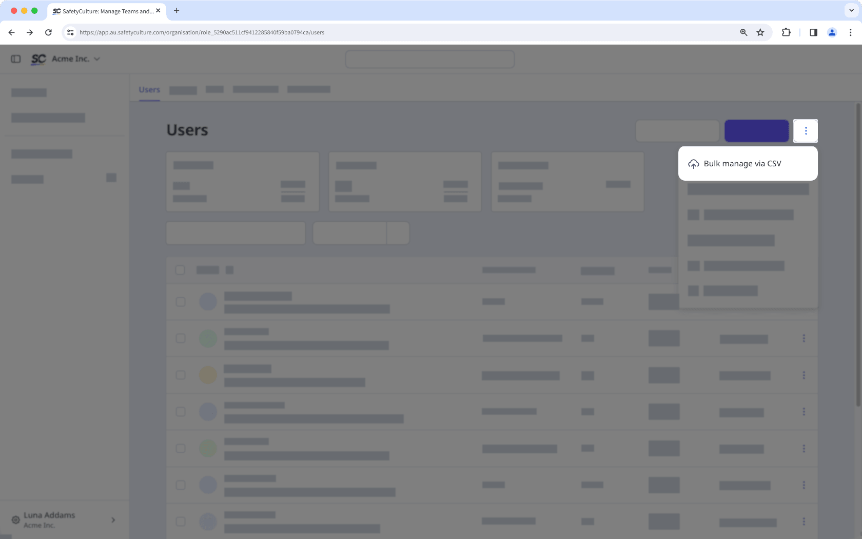 Click the three-dot menu on the upper-right corner of the page. Select "Bulk manage via CSV".