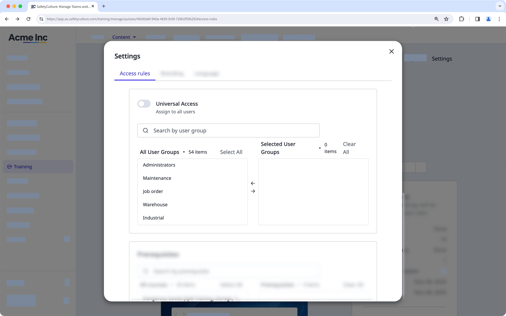 Règles d'accès au quiz à partir de l'application Web.
