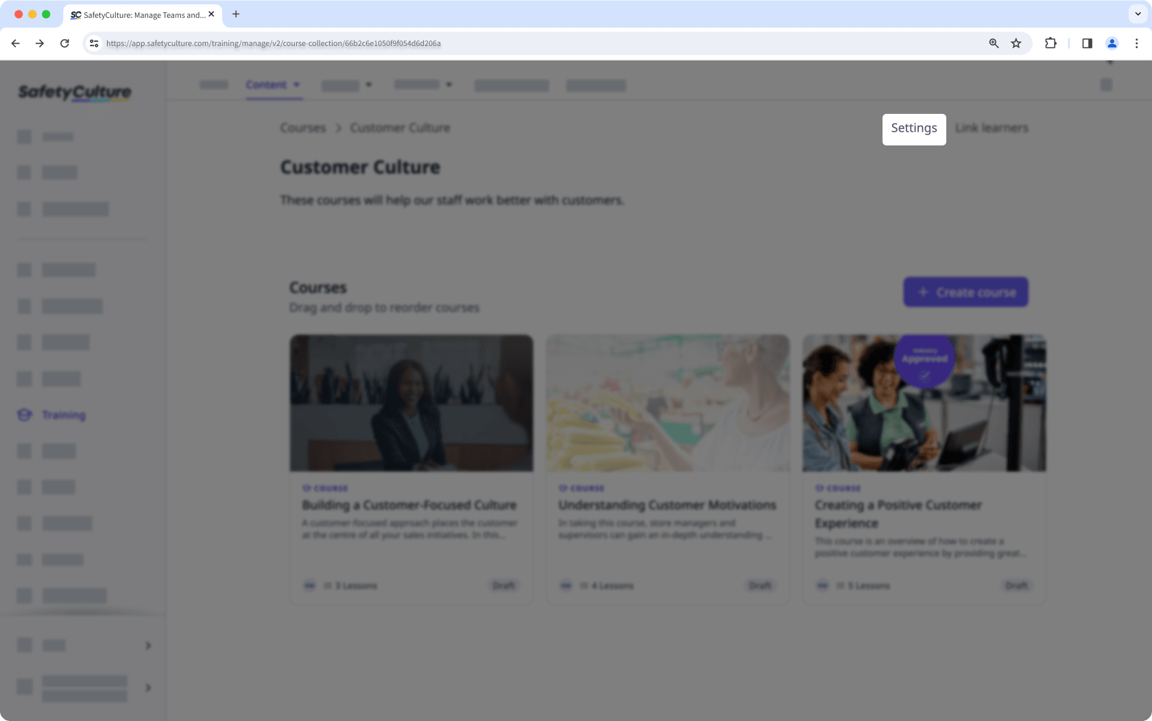Navigate to settings from the course collection page