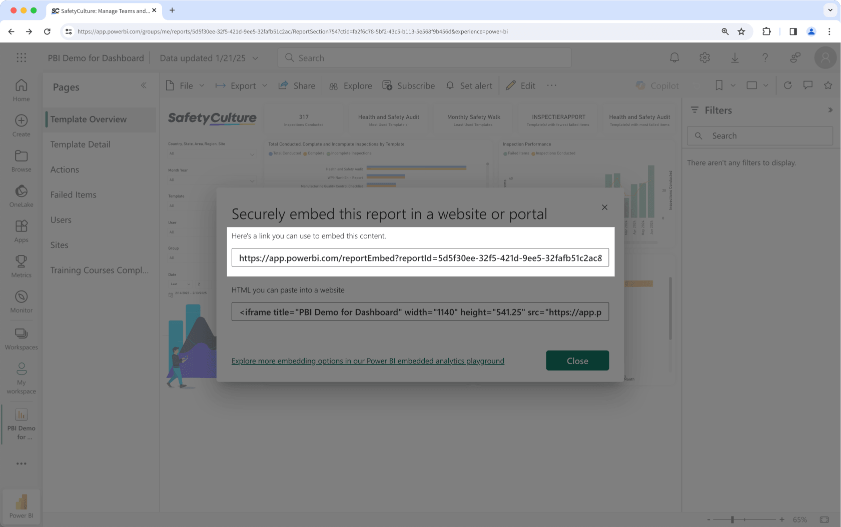 Copy the private embed HTML code in Microsoft Power BI.