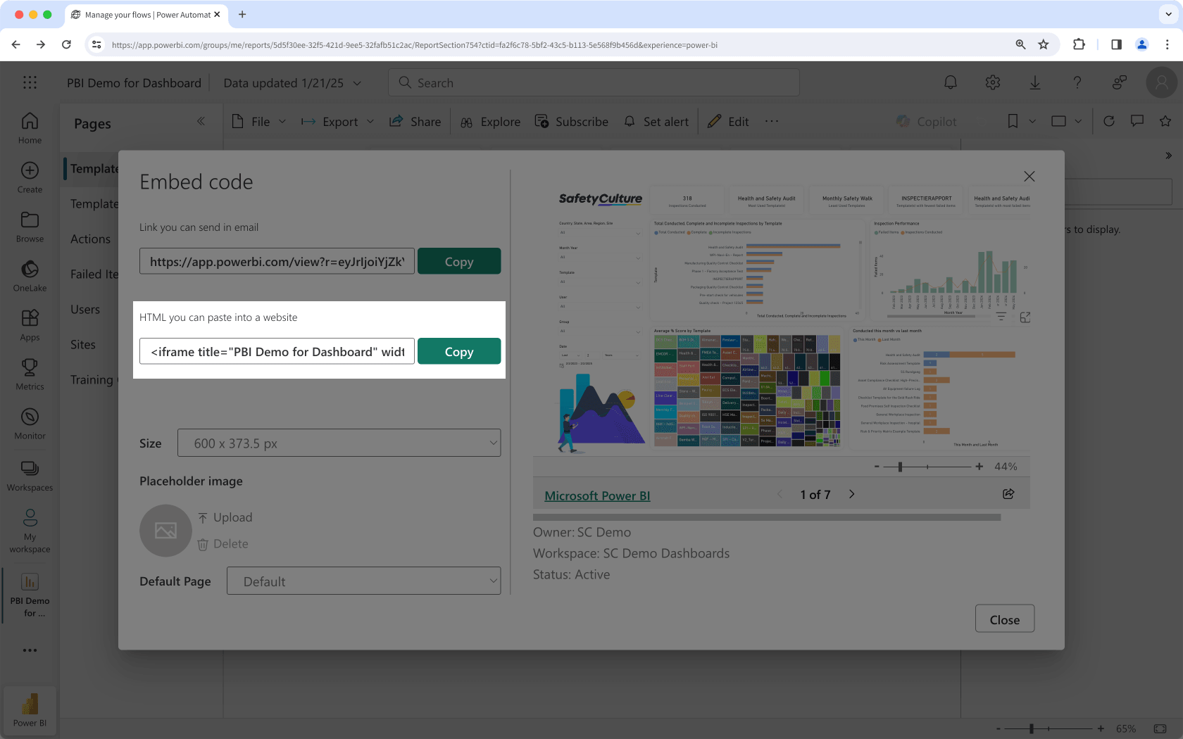 Copy the public embed HTML code in Microsoft Power BI.