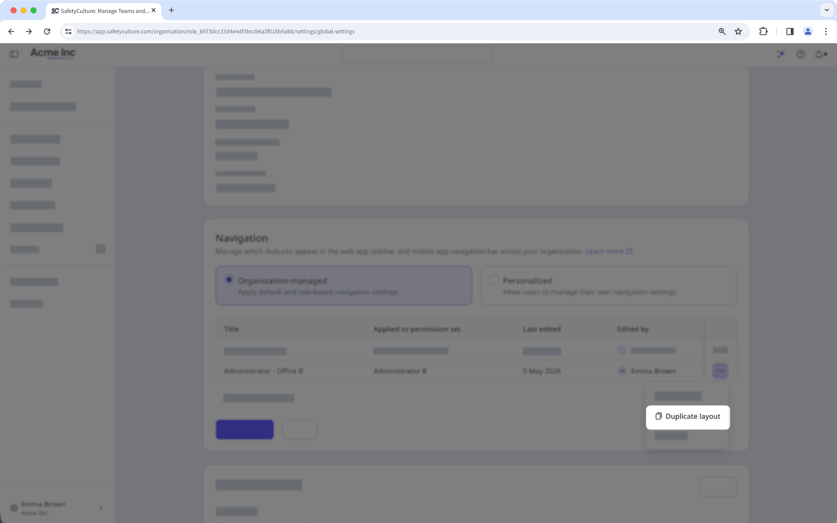 The 'Duplicate' button for a layout in the navigation settings.