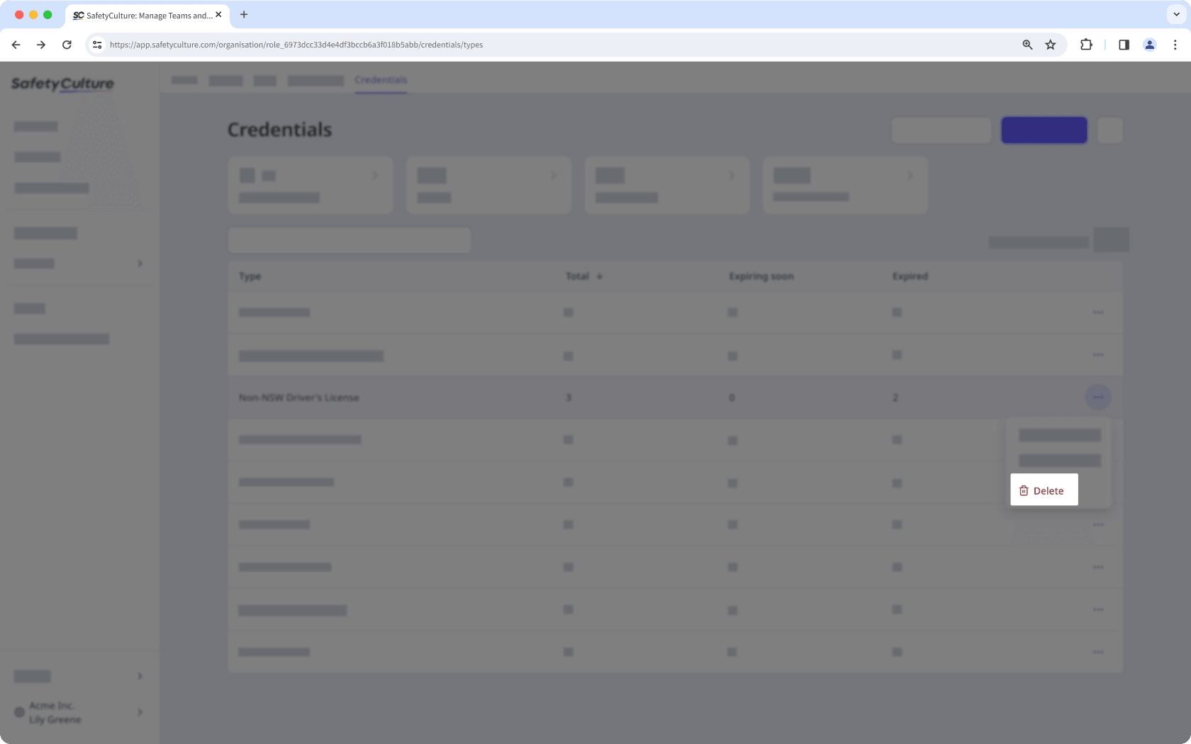 La page du type d'habilitation avec l'option permettant de supprimer un type visible.