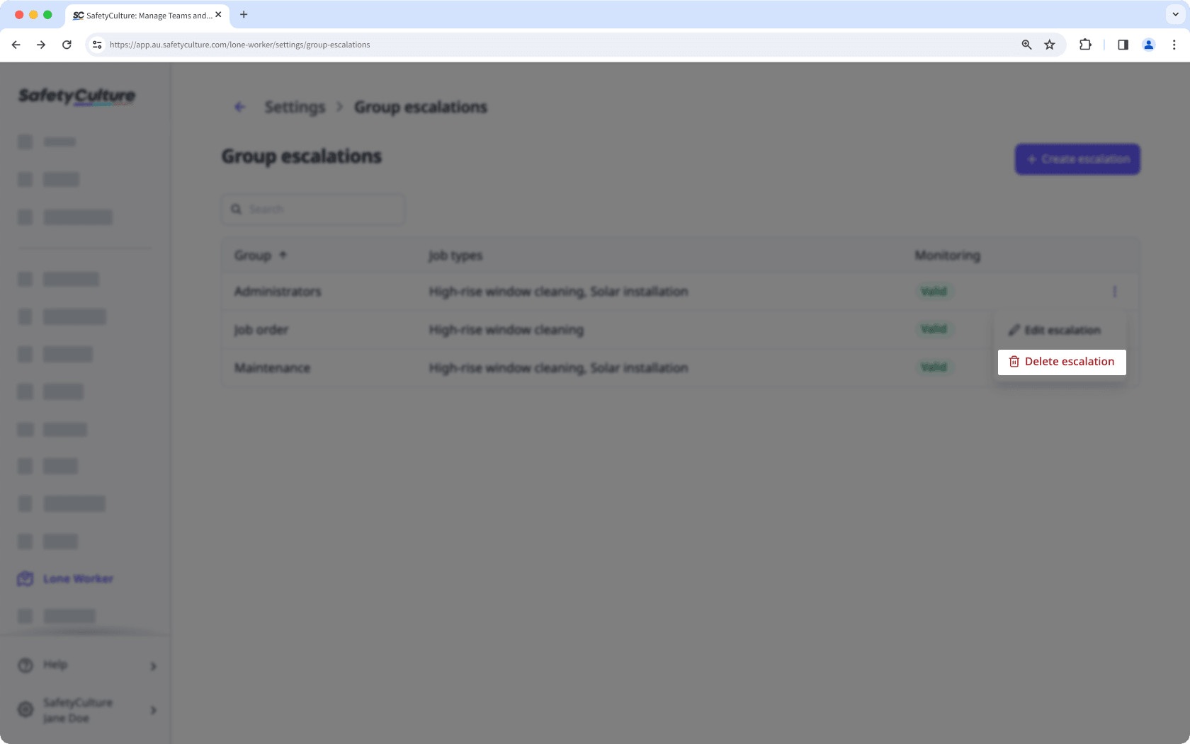 Delete a lone-work alert escalation via the web app.