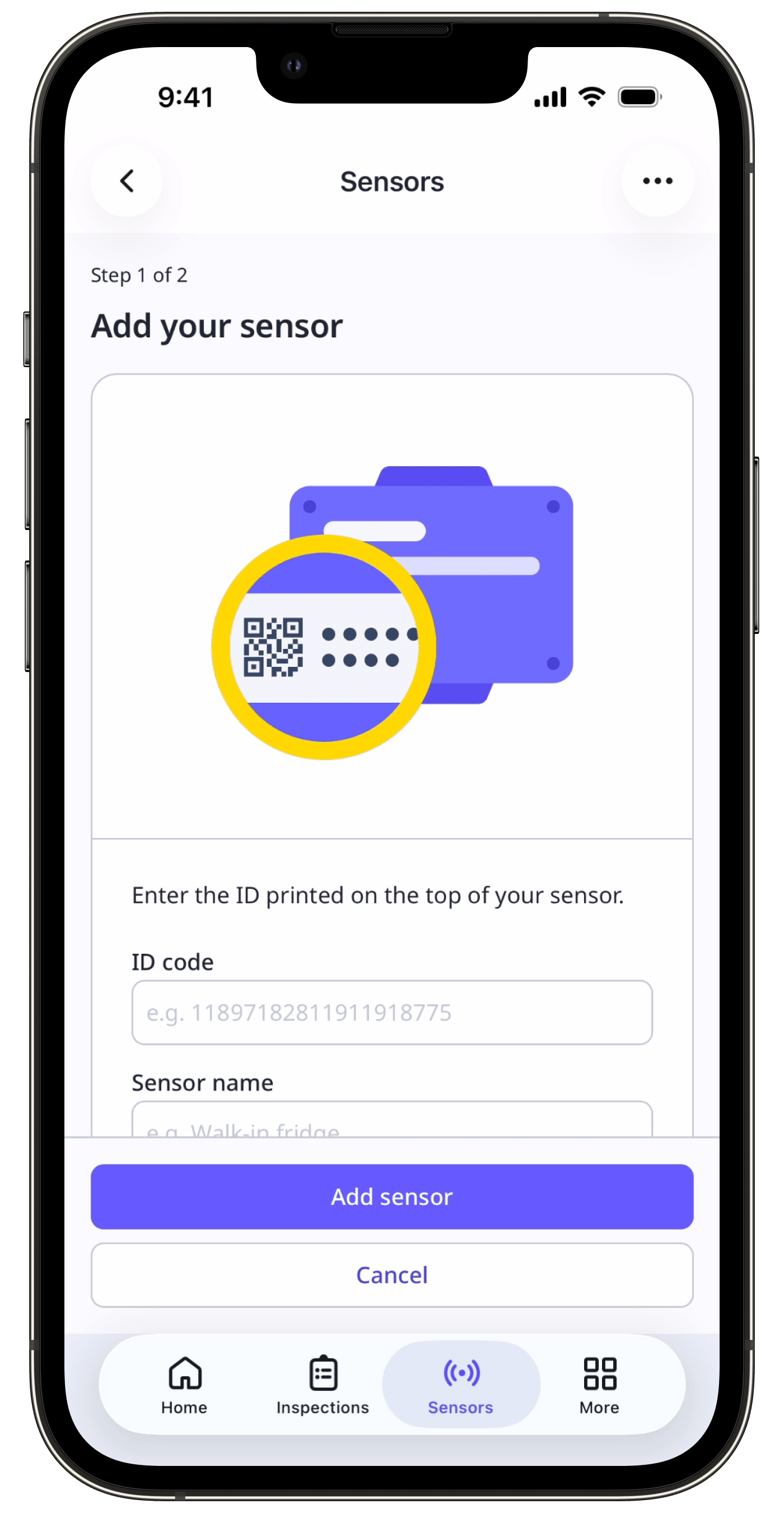 Der Bildschirm "Sensor hinzufügen" mit den Eingabefeldern für den ID-Code und den Sensornamen.