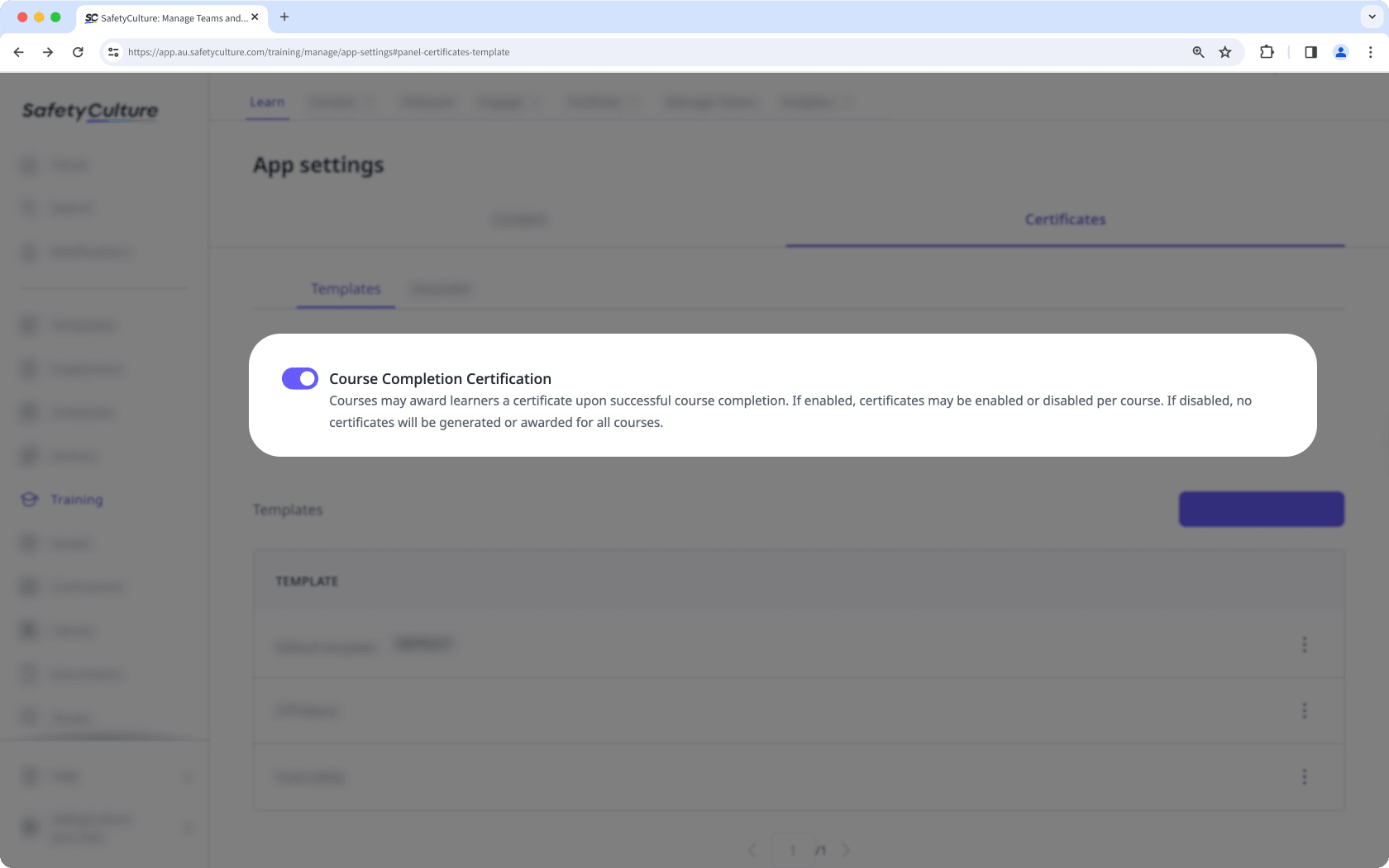Die Einstellungen für Abschlusszertifikate von Schulungen in der Web-App.