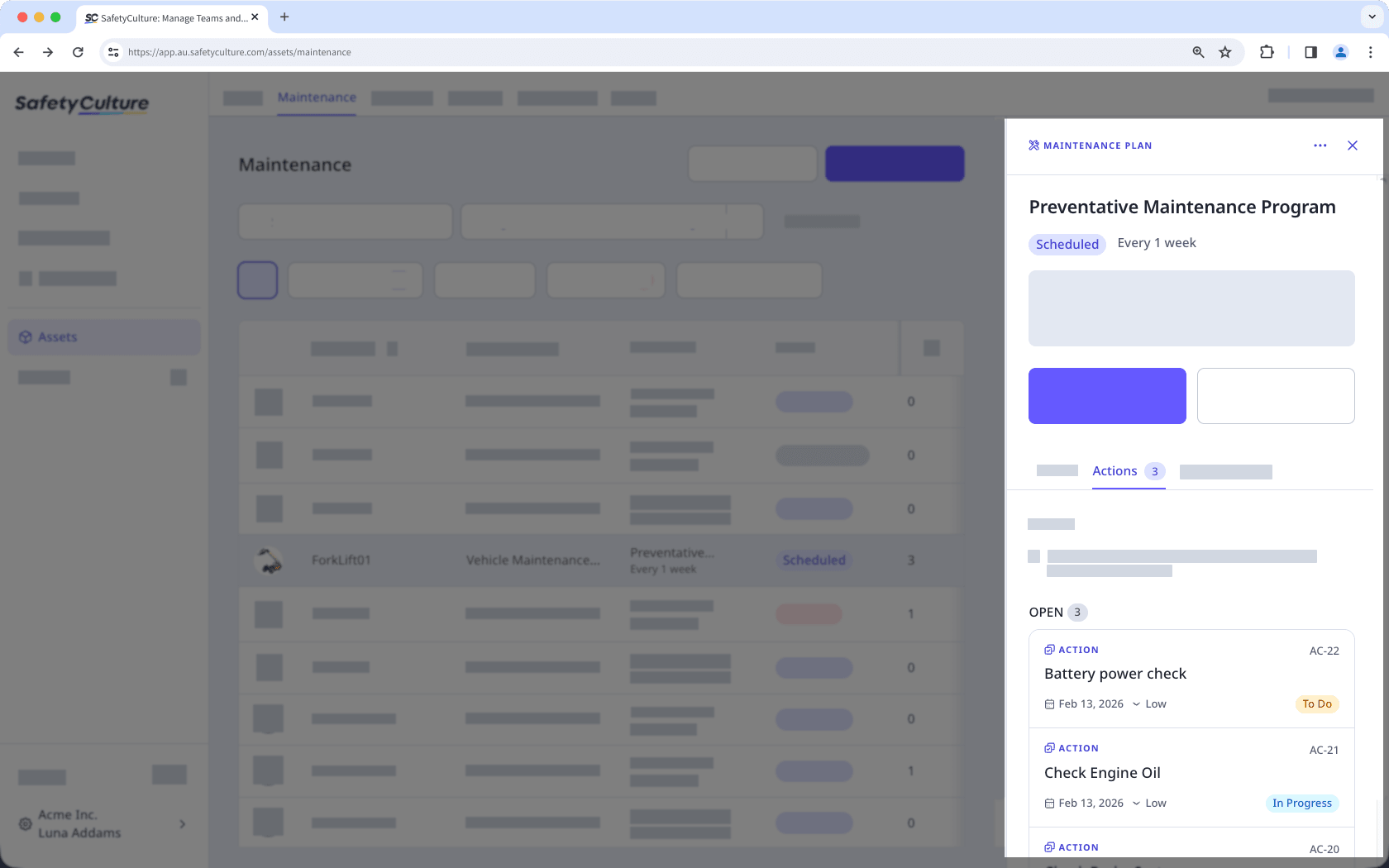 View an action in a maintenance plan via the web app.