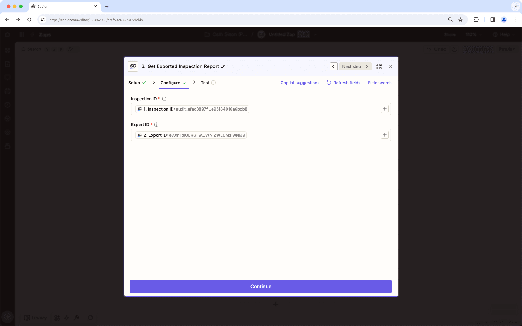 Example configuration for Get Exported Inspection Report in SafetyCulture step in Zapier.