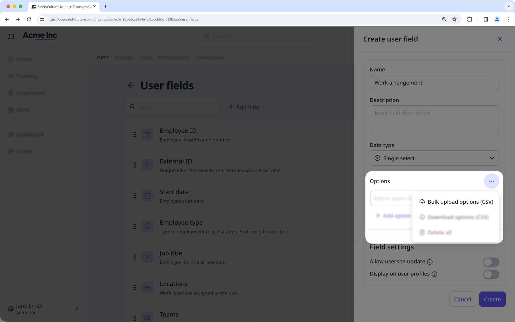Add options to your user fields in bulk using a CSV file via the web app.