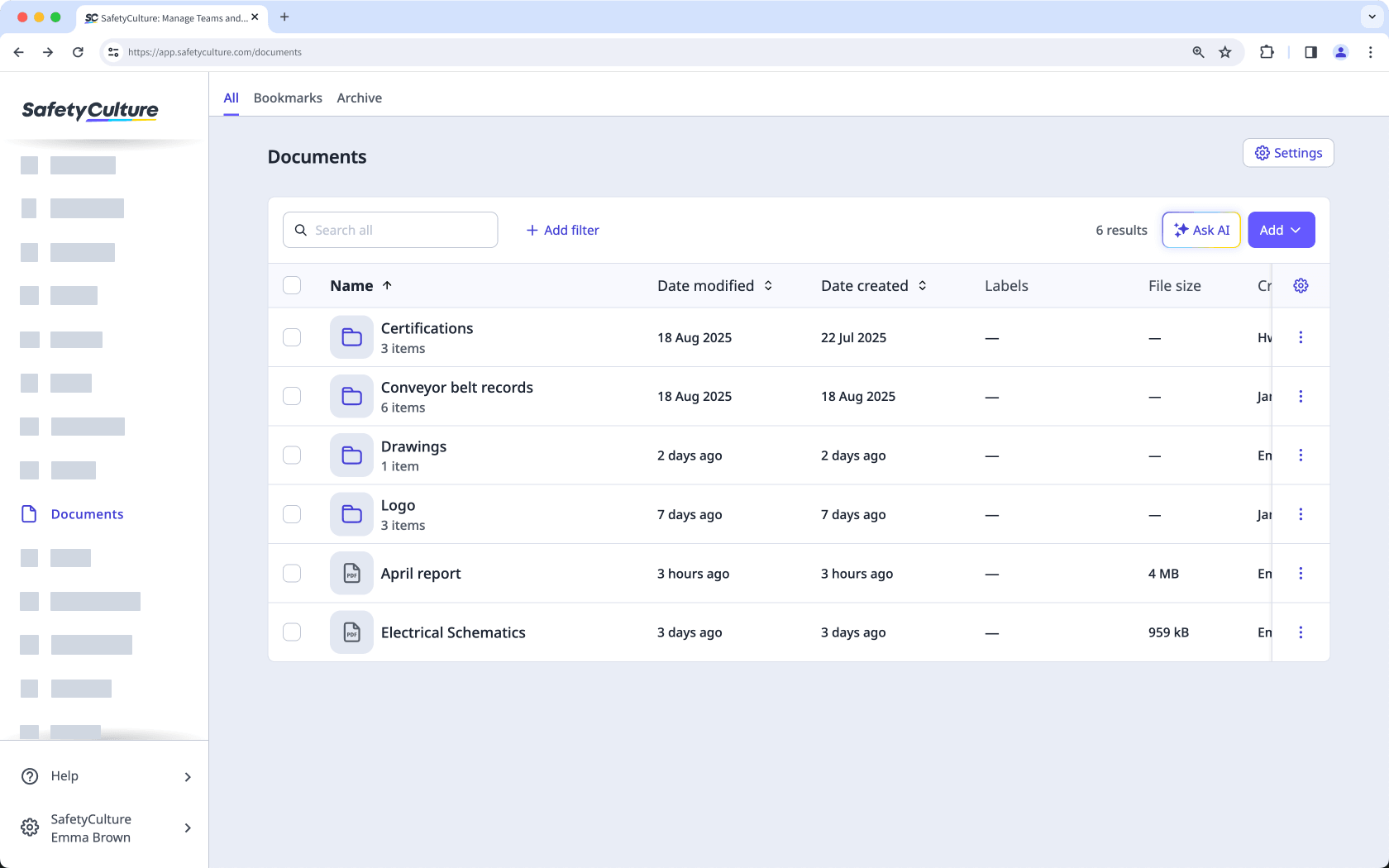 Manage files and folders in Documents via the web app.