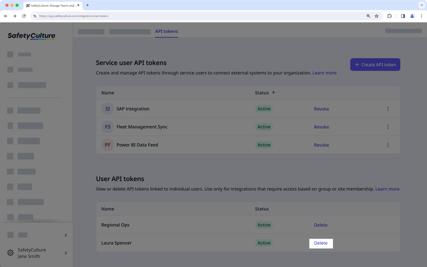 Delete a user API token in your organization via the web app.