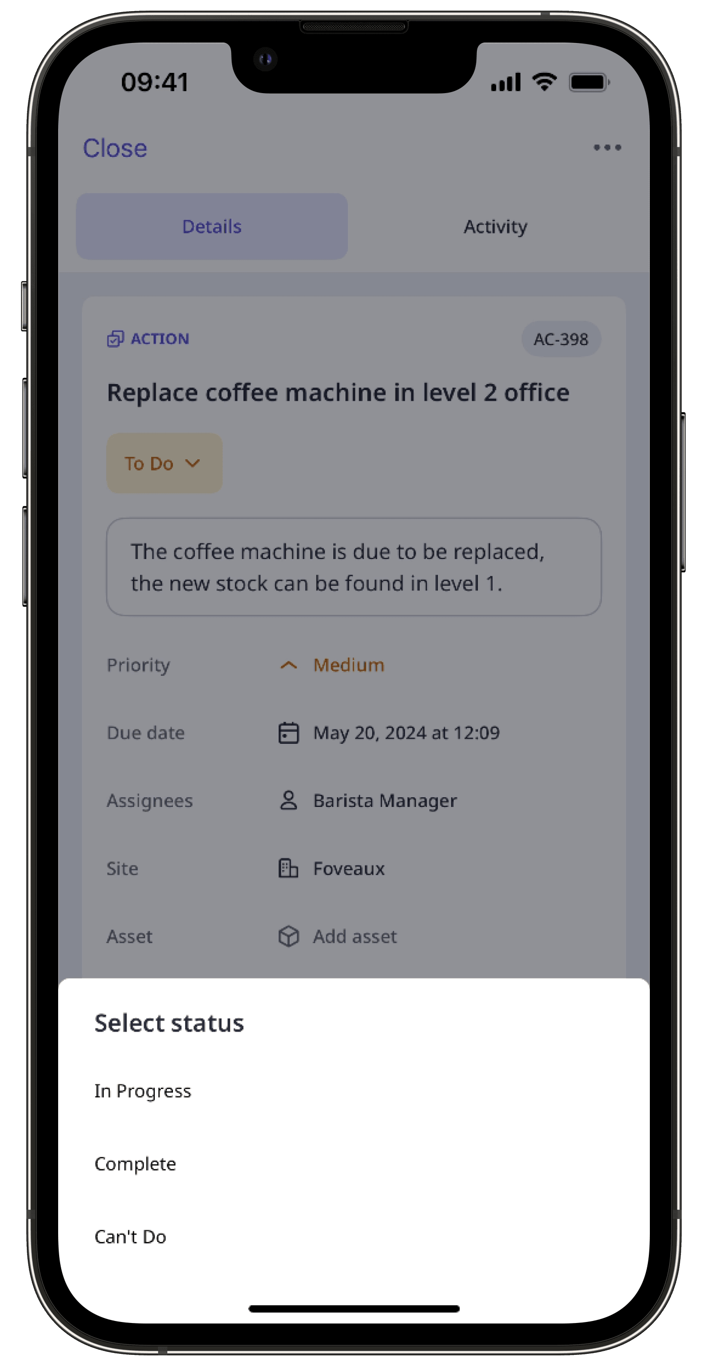 Move an action to a status via the mobile app.