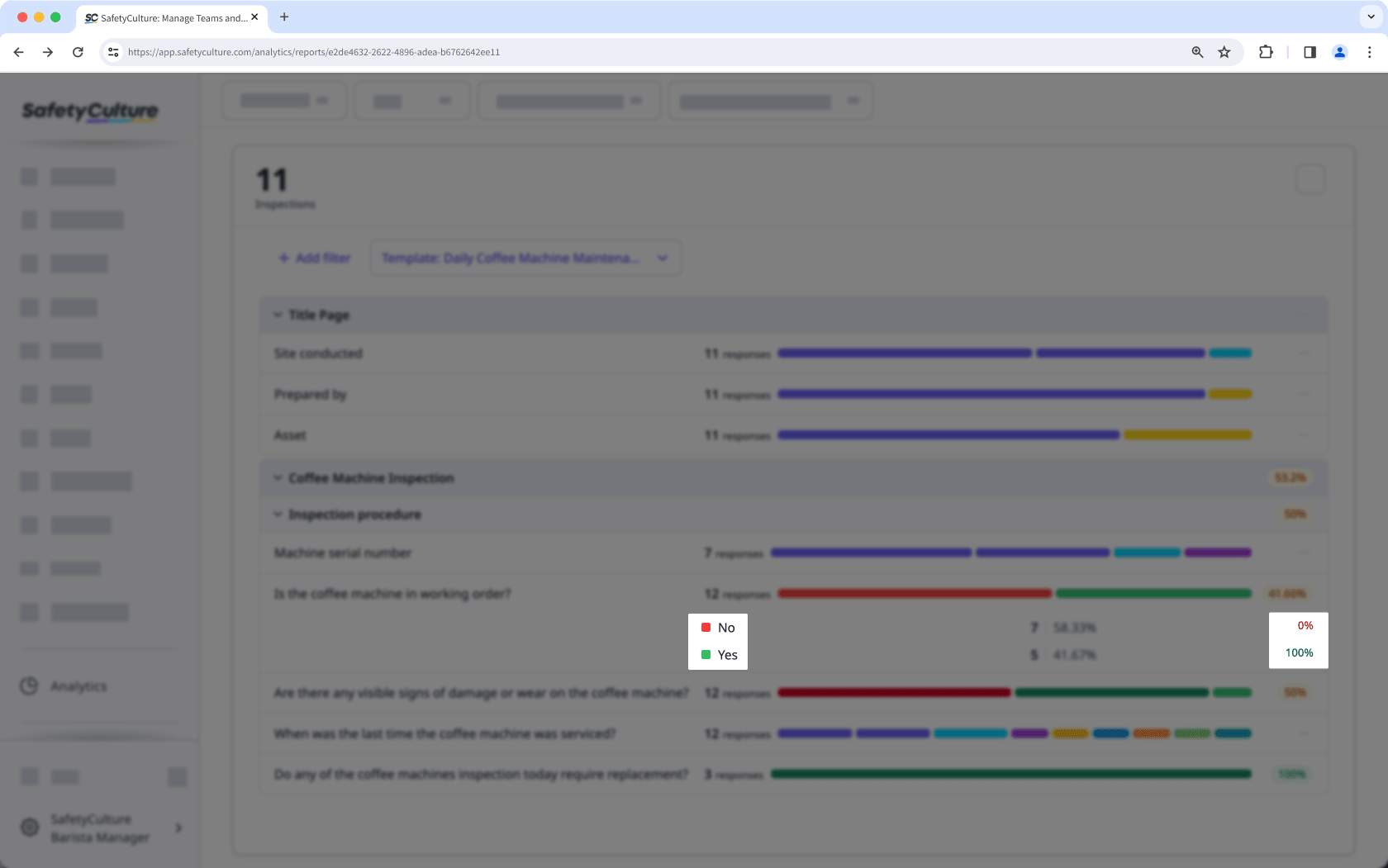 Antwortbewertungen für alle Inspektionen mithilfe des Diagrammtyps „Antworten“ über die Web-App anzeigen.