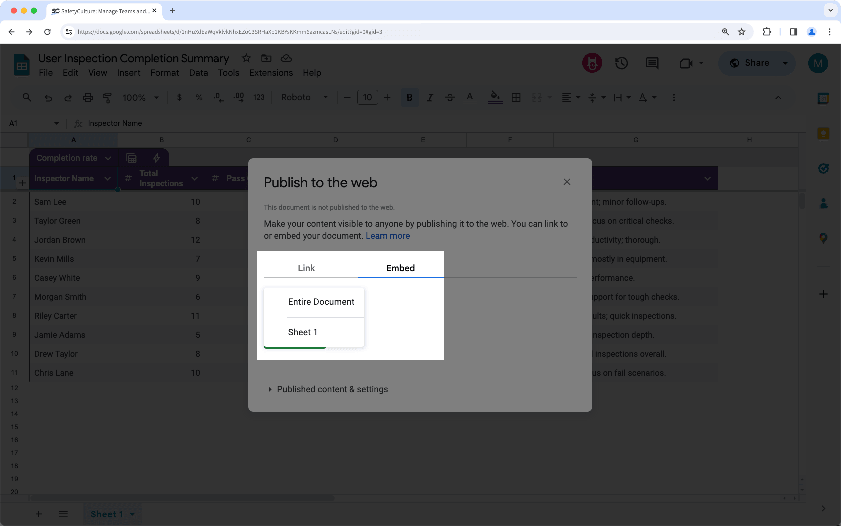 Obtenga el enlace embebido de Google Sheets.