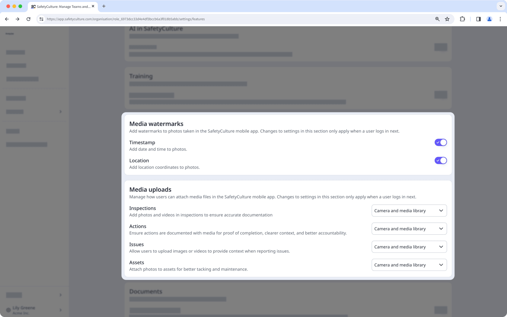 The Features tab in Organization settings showing media watermark and upload settings.