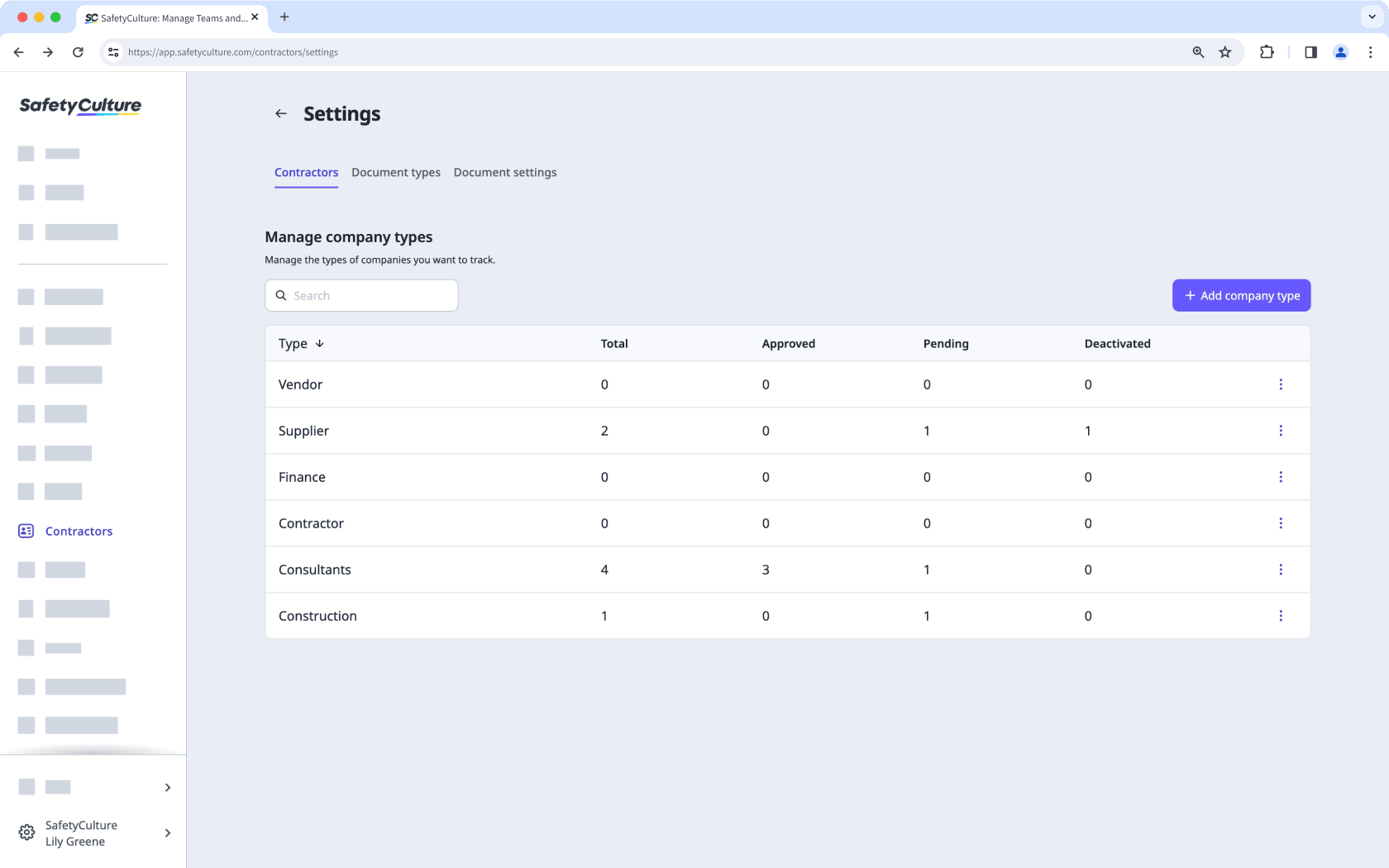 An example of the company type list page on the web app.
