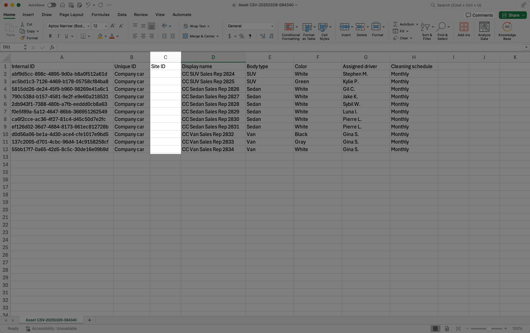 Bulk edit assets to add a site using CSV via the web app.