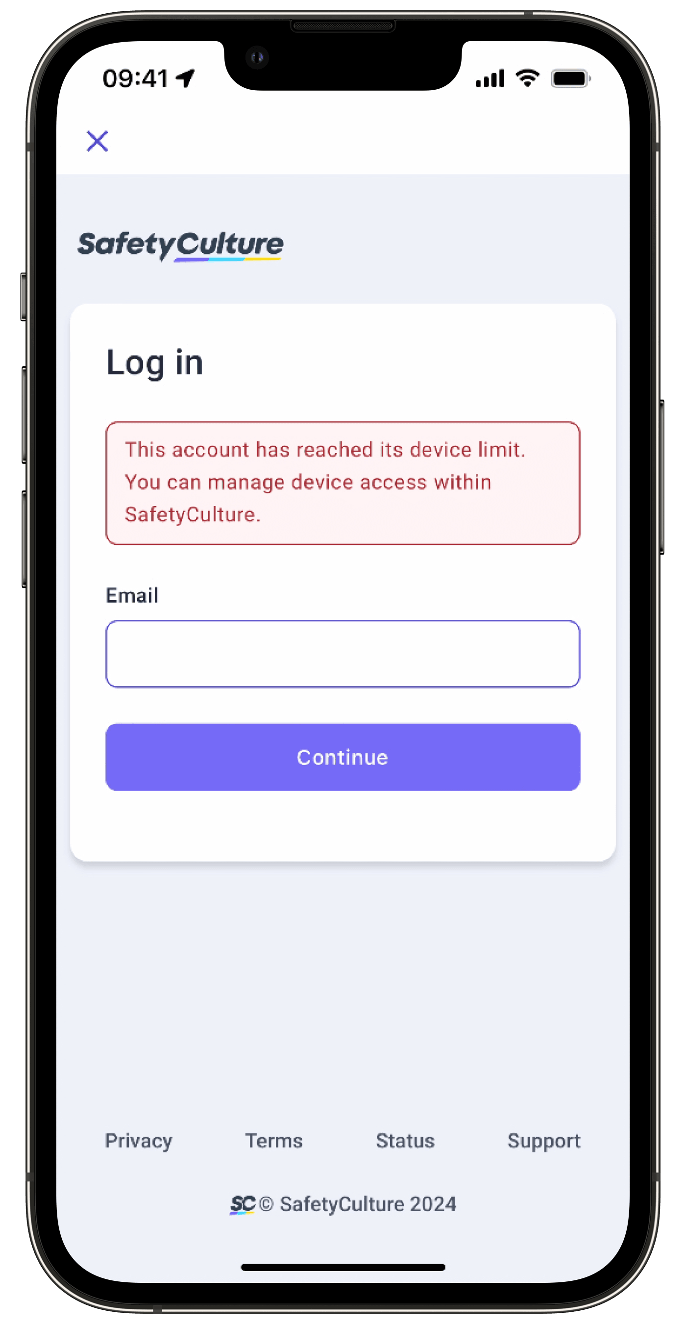 Screen showing a device limit error on the login screen via the mobile app.