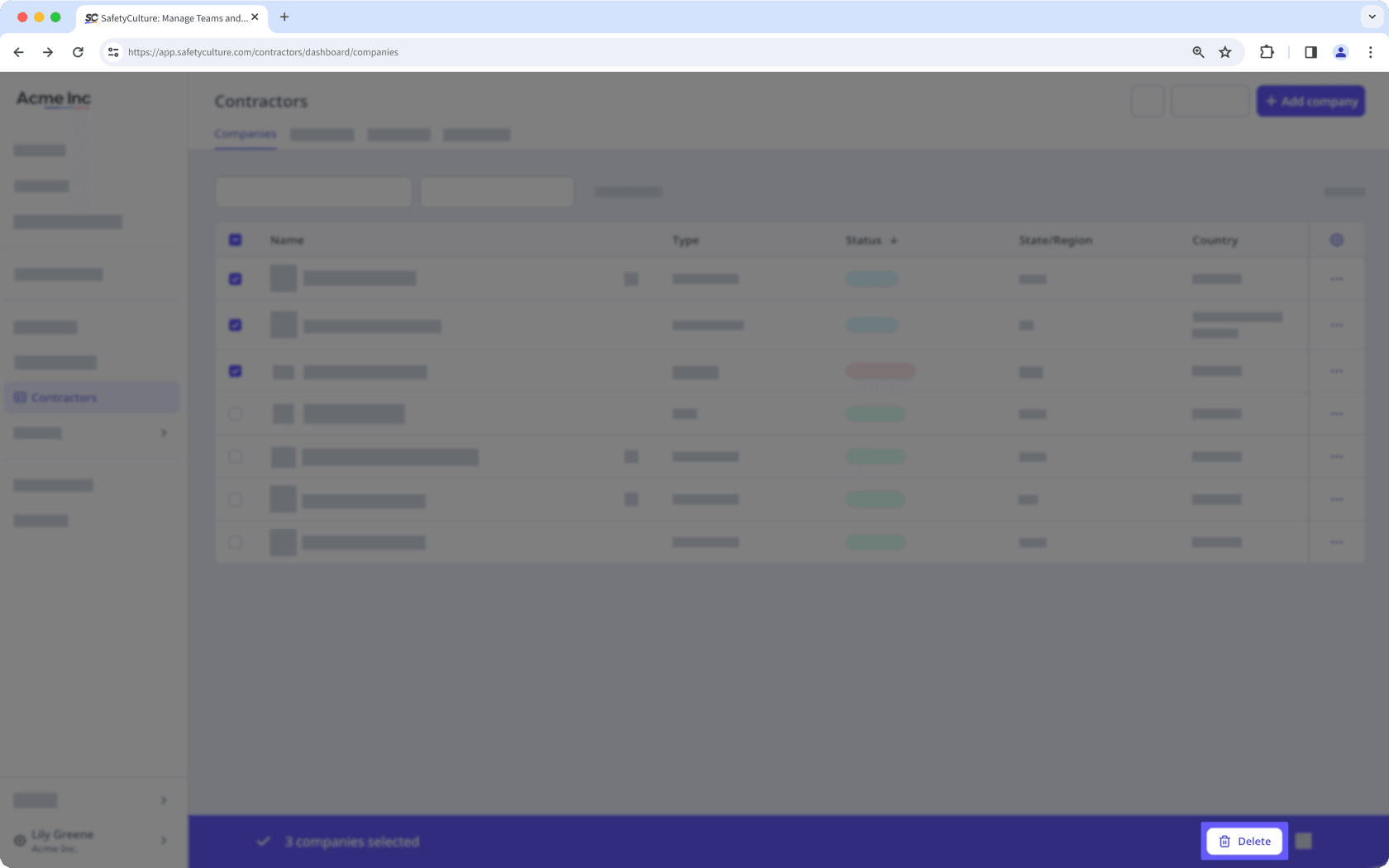 The Companies tab in the dashboard with the "Delete" button visible.